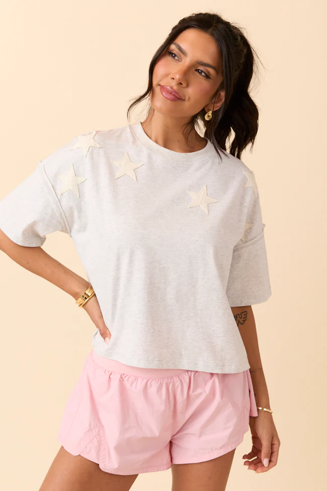 Grey Stars Cropped Knit Short Sleeve Top