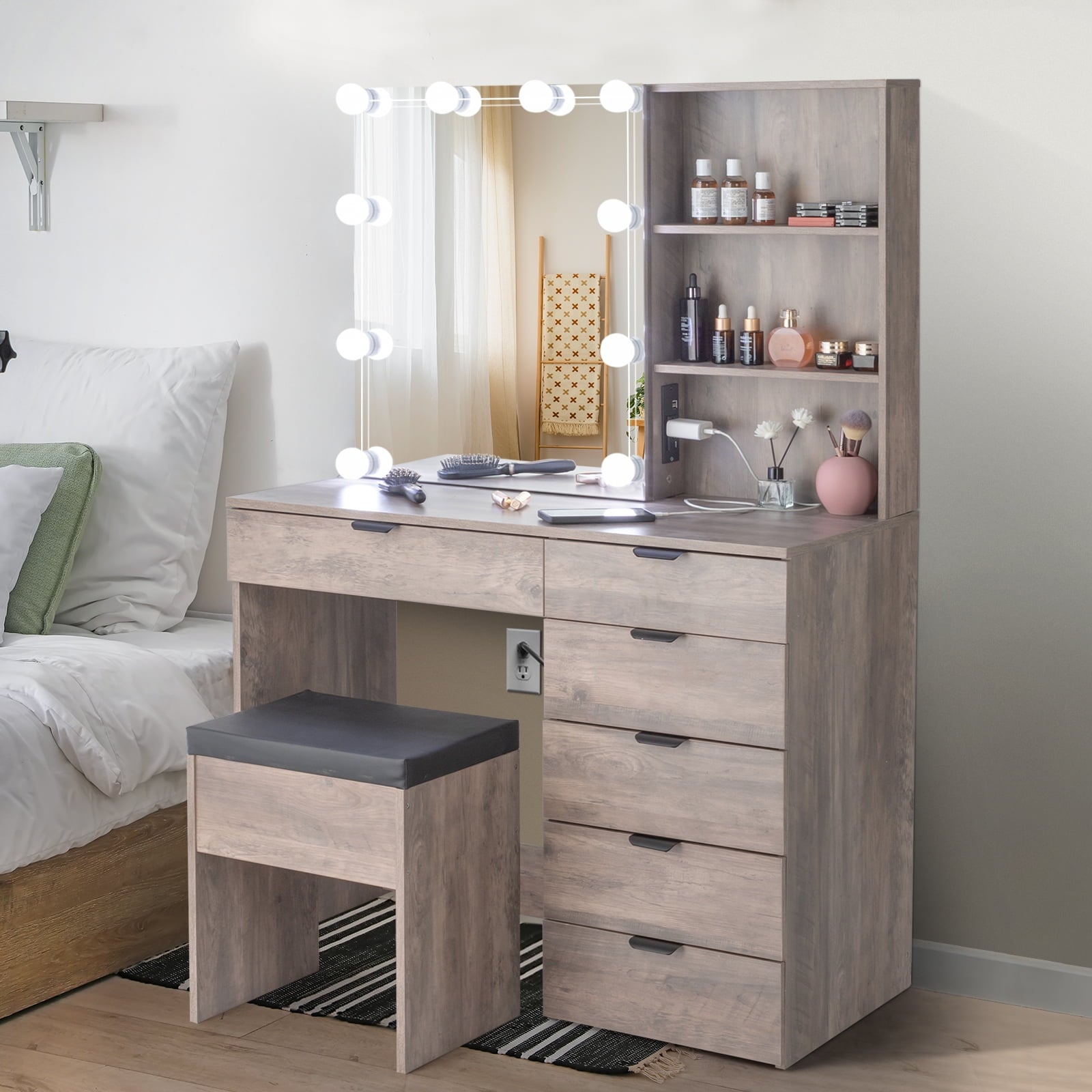 Lowest Prices - Ktaxon Vanity Set with 3 Color Lighted Mirror & Charging Station, Makeup Table with 6 Drawers, Dressing Table Makeup Desk with Stool,Retro Gray