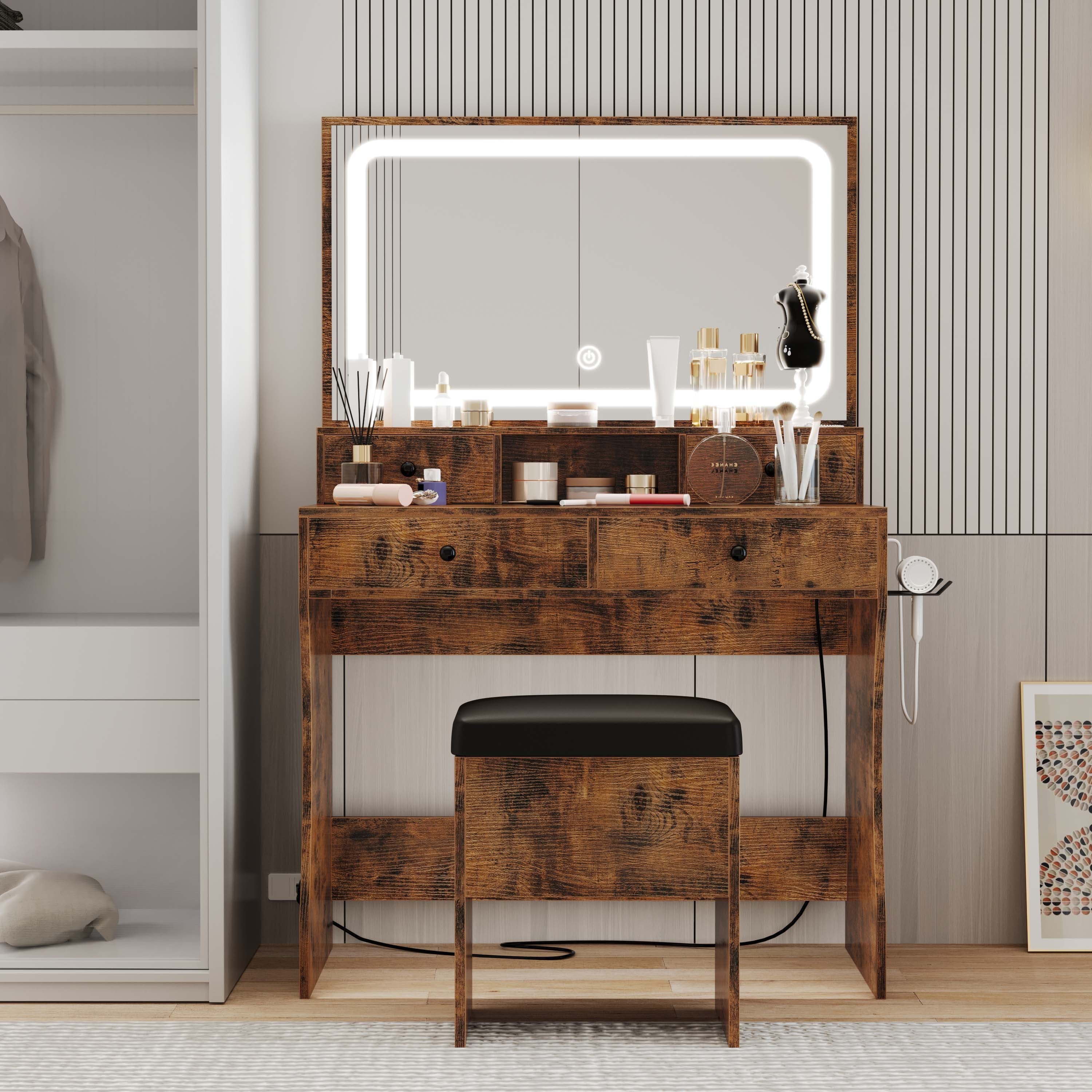 Lowest Prices - LIKIMIO Vanity Desk with LED  Mirror, Bedroom Makeup Table with 4 Drawers, Storage Stool, White