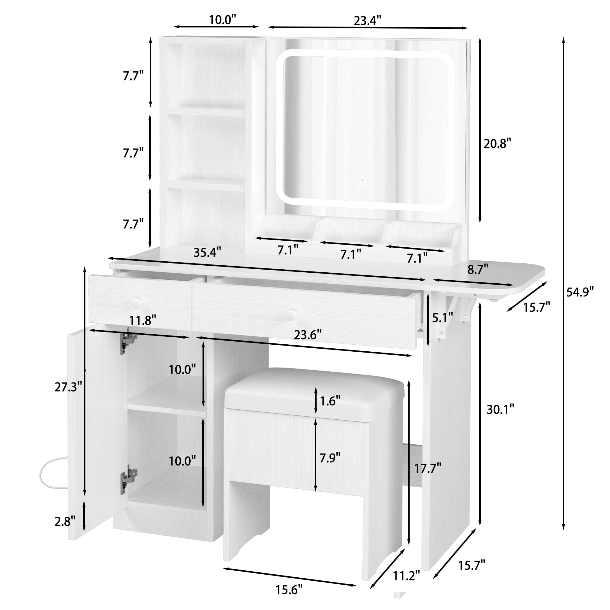 Lowest Prices - IRONCK Vanity Desk with LED Lighted Mirror & Power Outlet, Makeup Table with Drawers & Cabinet,Storage Stool,for Bedroom, White