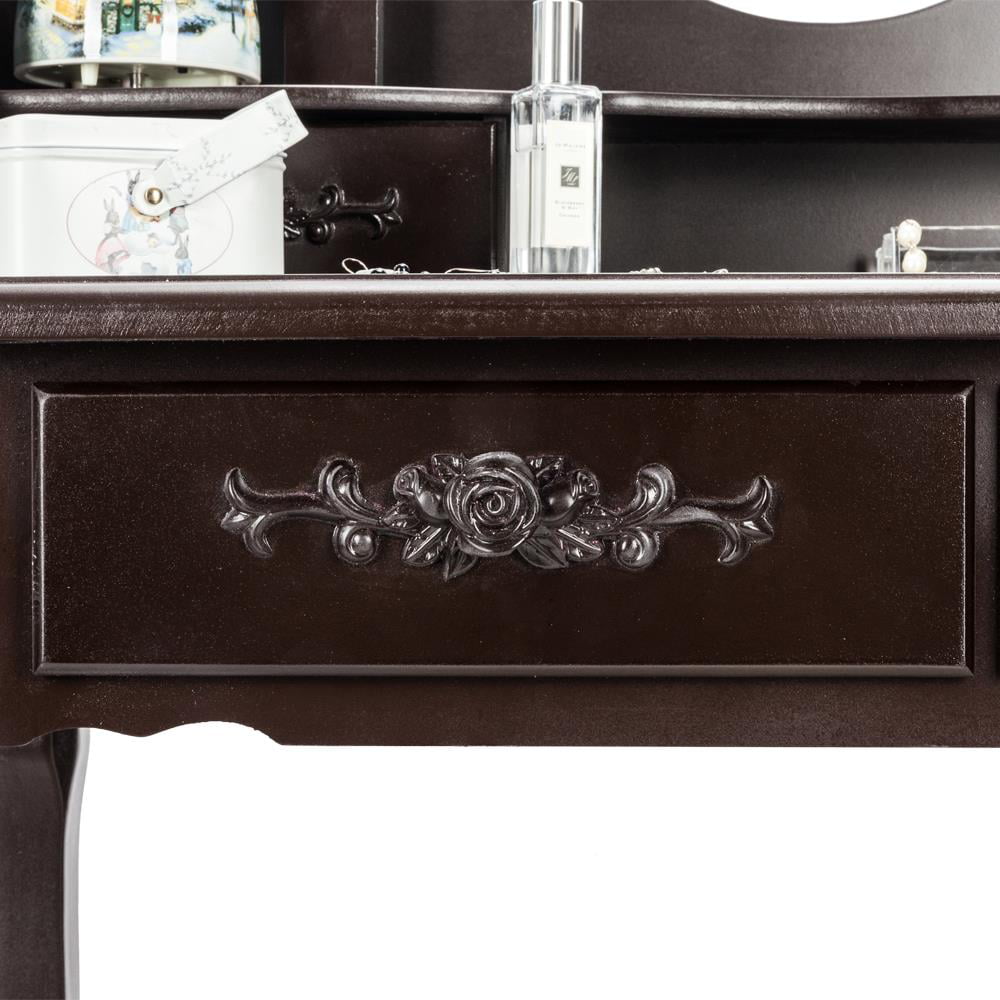 Lowest Prices - UBesGoo 4 Drawer Vanity Makeup Dressing Table Set w/Stool&Mirror Jewelry Wood Brown