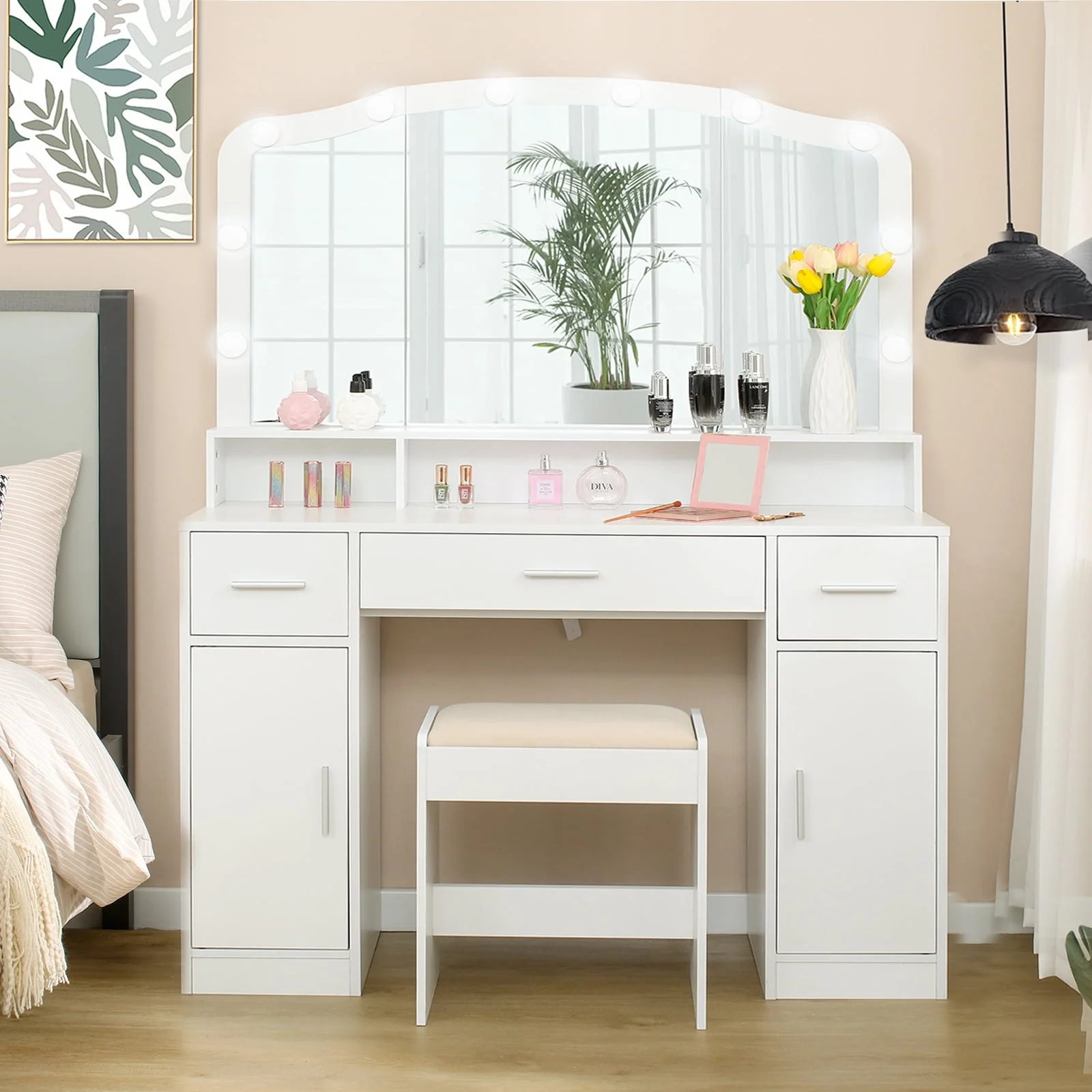 Lowest Prices - USIKEY Large Vanity Set with Large Lighted Mirror, Modern Makeup Vanity Table with 3 Drawers, 2 Storage Cabinets & 10 LED Bulbs and Cushioned Stool for Women, Bedroom, WhiteSZT32WD