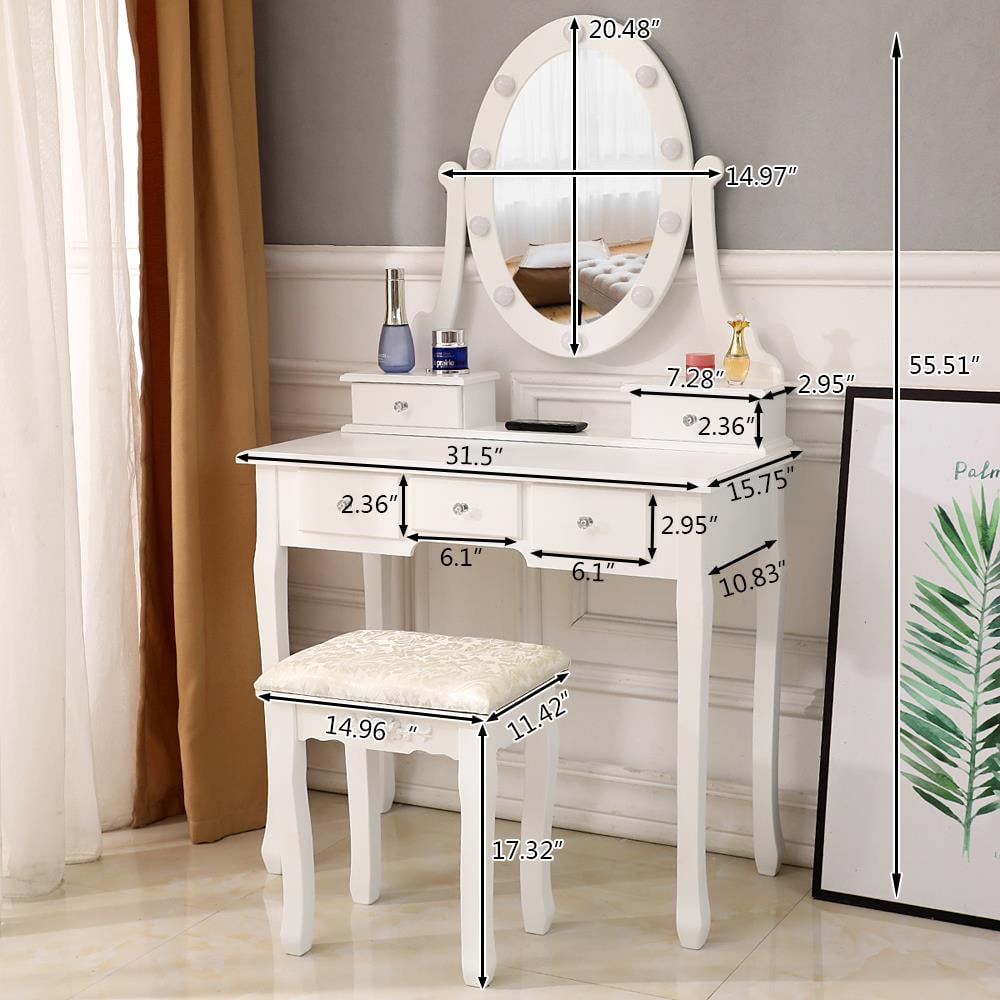 Lowest Prices - Ktaxon Vanity Table 10 LED Lights, 5 Drawers Makeup Dressing Desk with Cushioned Stool Set,Bedroom Vanities Set White