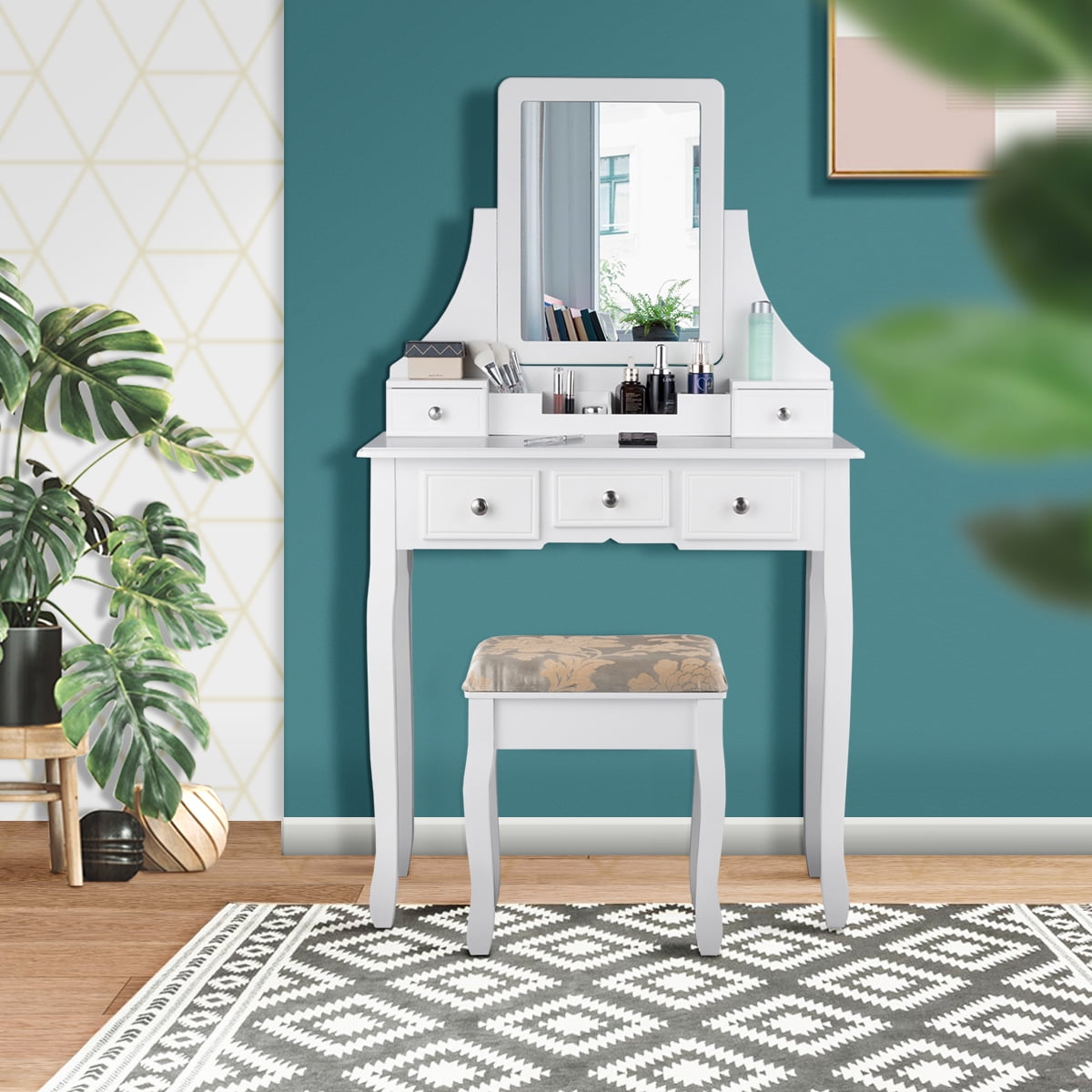 Lowest Prices - Gymax Vanity Set Makeup Dressing Table & Stool w/5 Drawers White