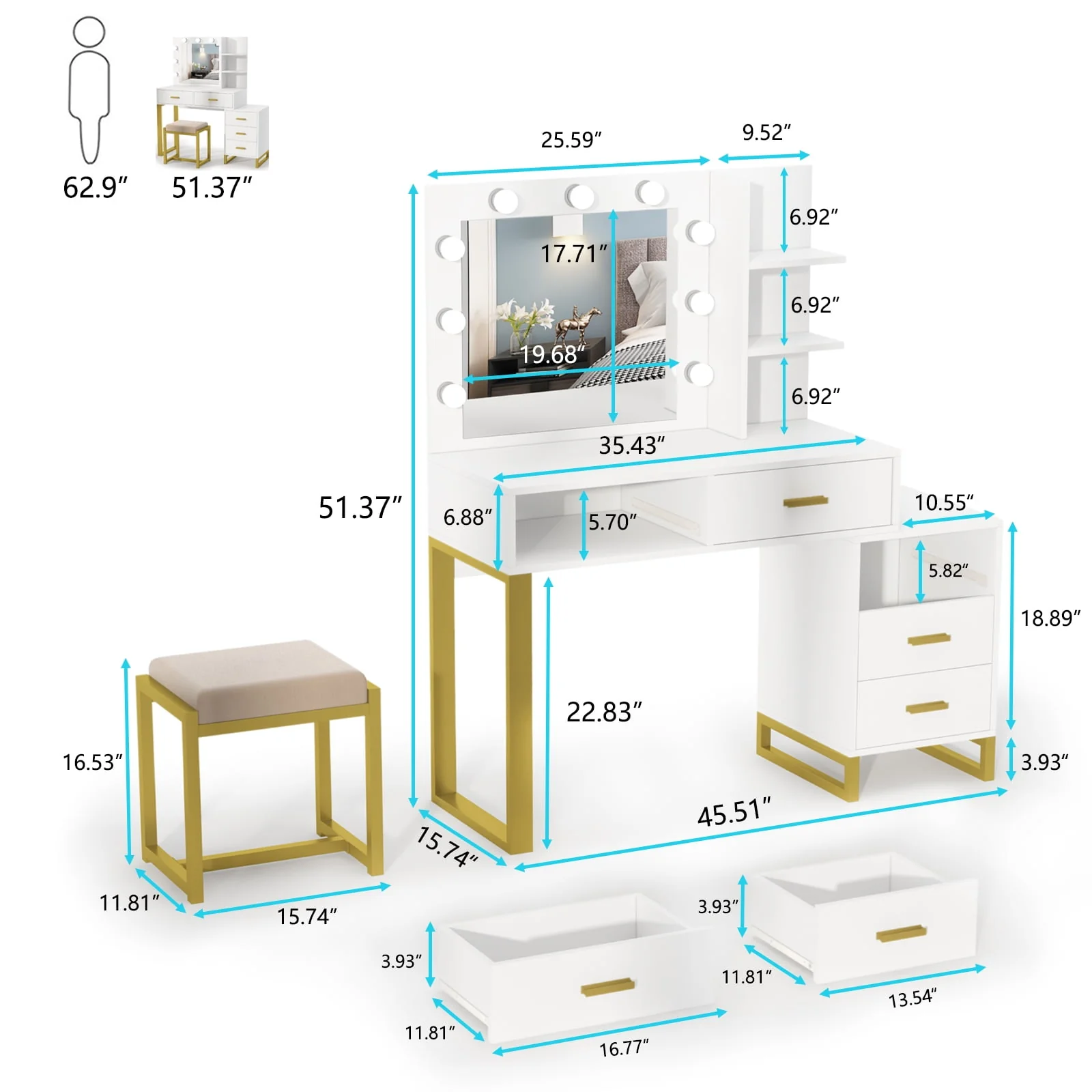 Lowest Prices - PAKASEPT Vanity Set with Lighted Mirror, Large Vanity Desk Makeup Vanity Dressing Table with 9 LED Lights, 5 Drawers, Storage Shelves&Cushioned Stool for Bedroom
