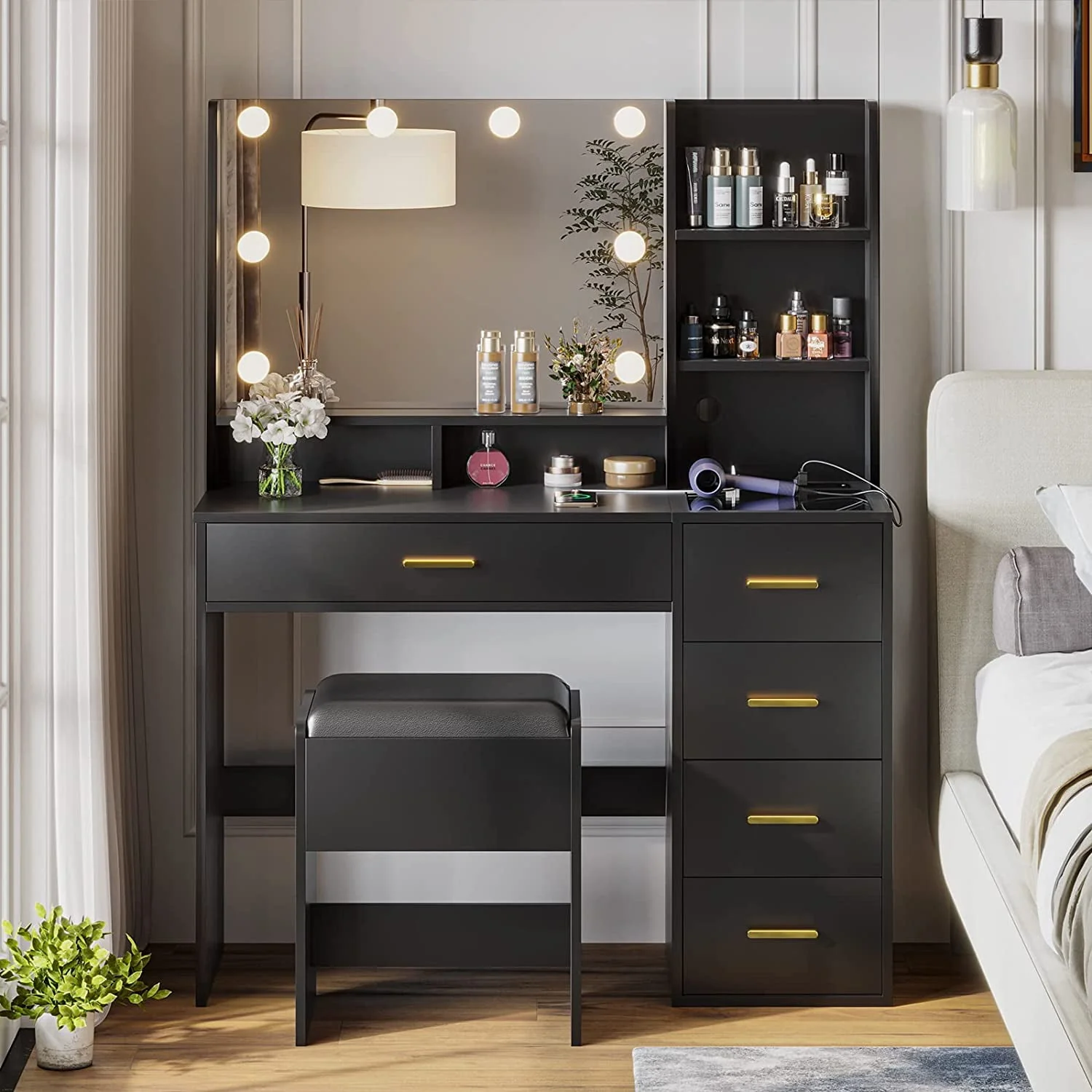 Lowest Prices - Black Vanity Set with Lights & Charging Station & Cushioned Stool, Modern Makeup Vanity Desk Table with Visible Drawers and Open Storage Shelves for Women Girls
