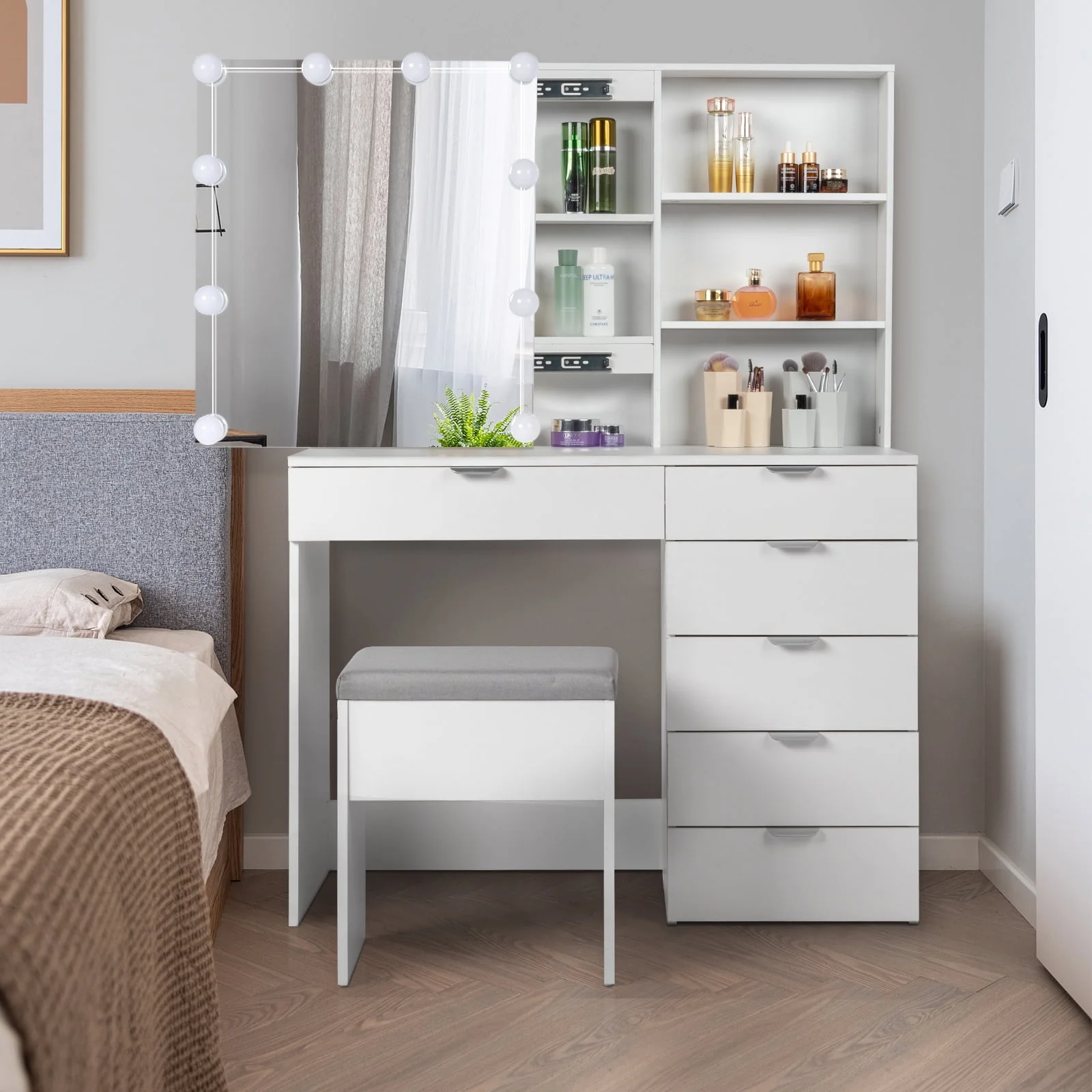 Lowest Prices - Ktaxon Vanity Set with 3 Color Lighted Mirror, Makeup Table with 6 Drawers, Dressing Table Makeup Desk with Stool,White