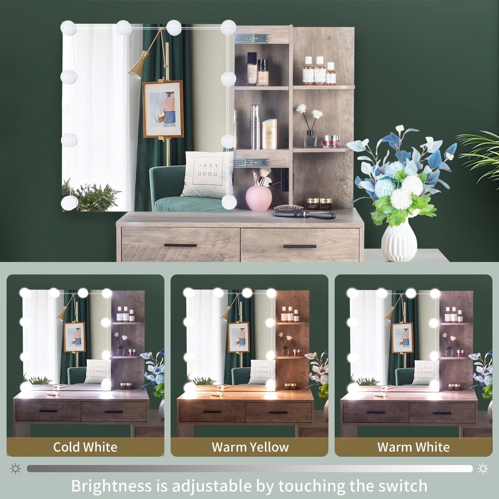Lowest Prices - Ktaxon Lighted Vanity Makeup Table Set with Charging Station, Sliding Mirror with Cushioned Stool