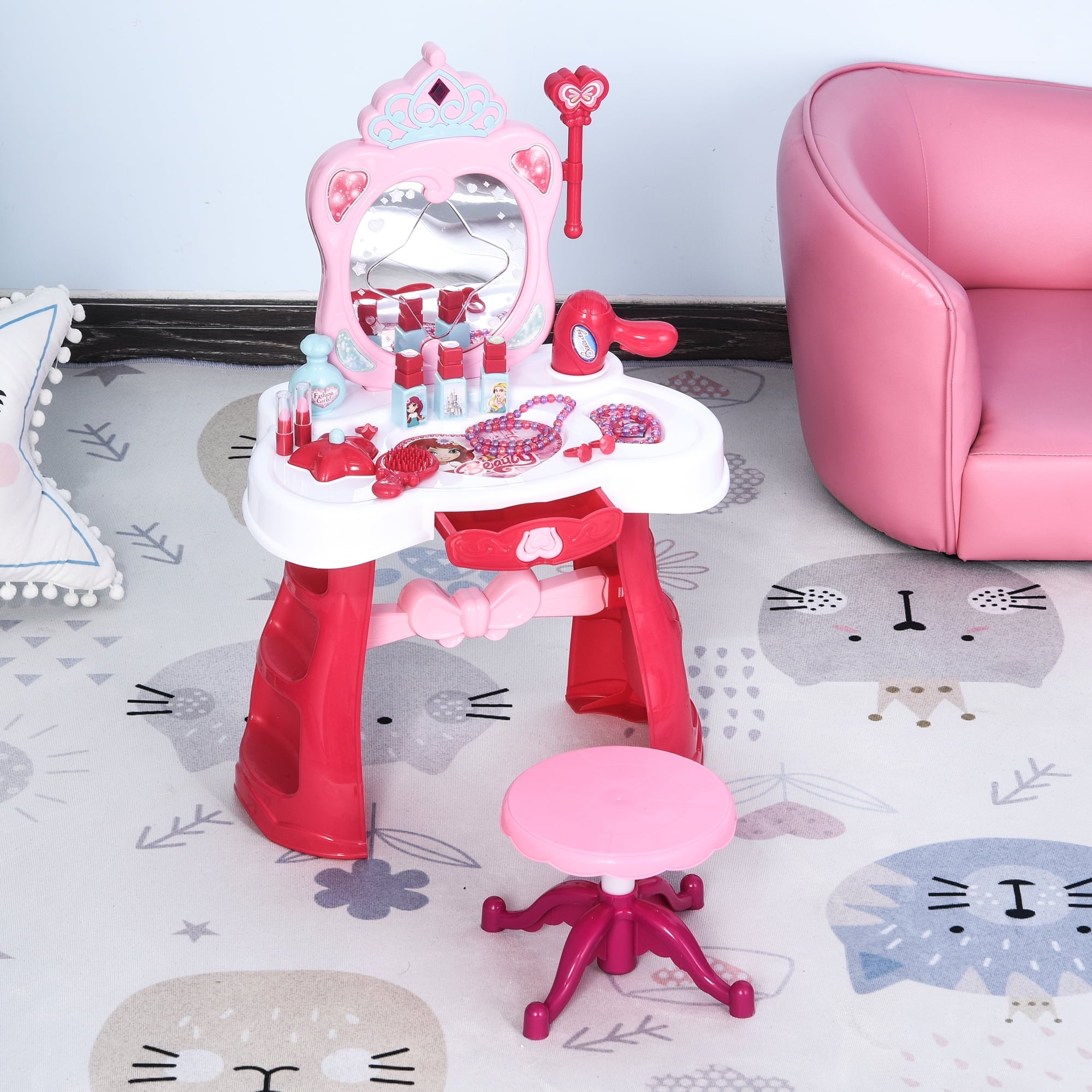 Lowest Prices - Qaba Children Dressing Table Set for Kids of 3-6 Years Dream Princess Vanity Set for Girls Make Up Table and Stool Set with Music and Lightening Pink White