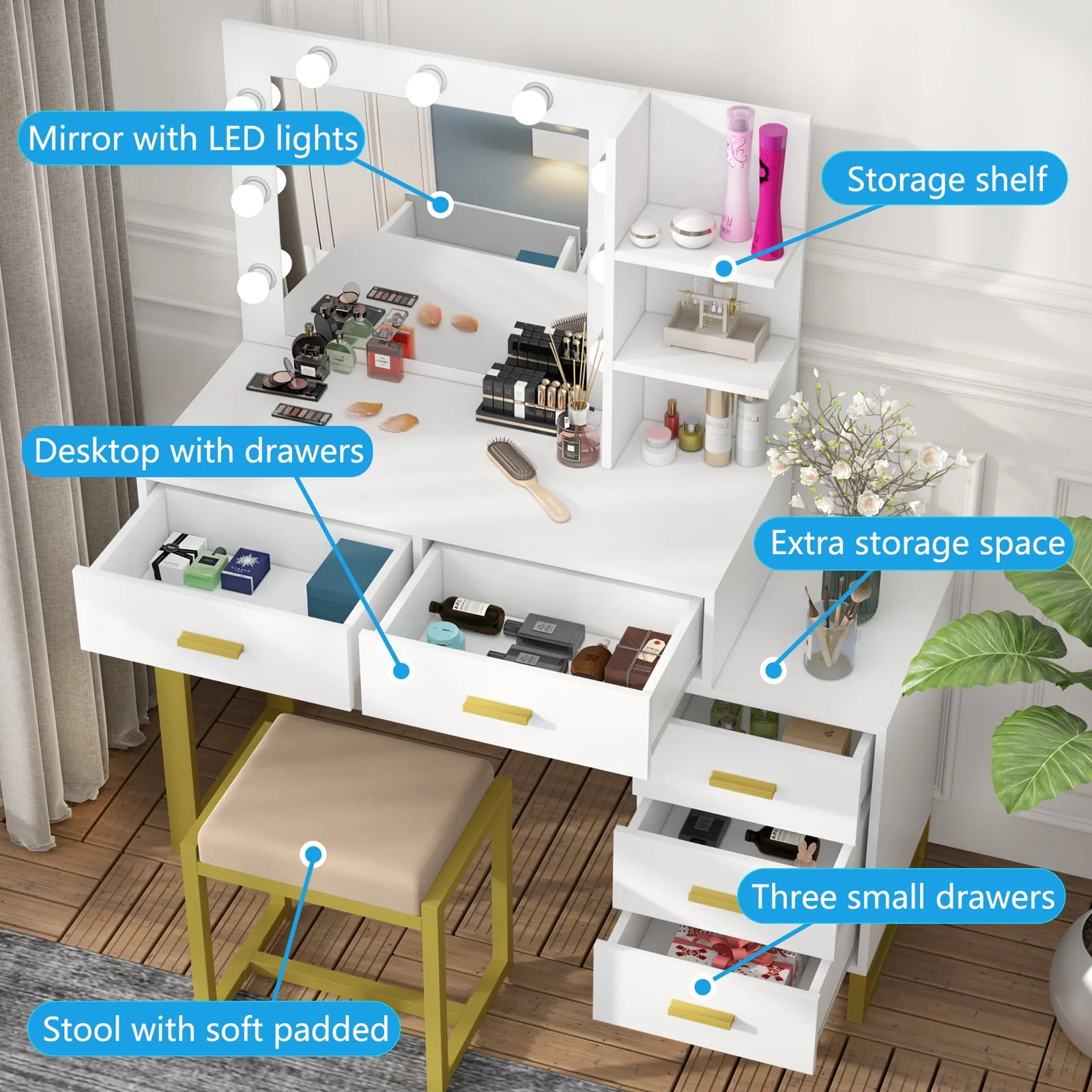 Lowest Prices - PAKASEPT Vanity Set with Lighted Mirror, Large Vanity Desk Makeup Vanity Dressing Table with 9 LED Lights, 5 Drawers, Storage Shelves&Cushioned Stool for Bedroom