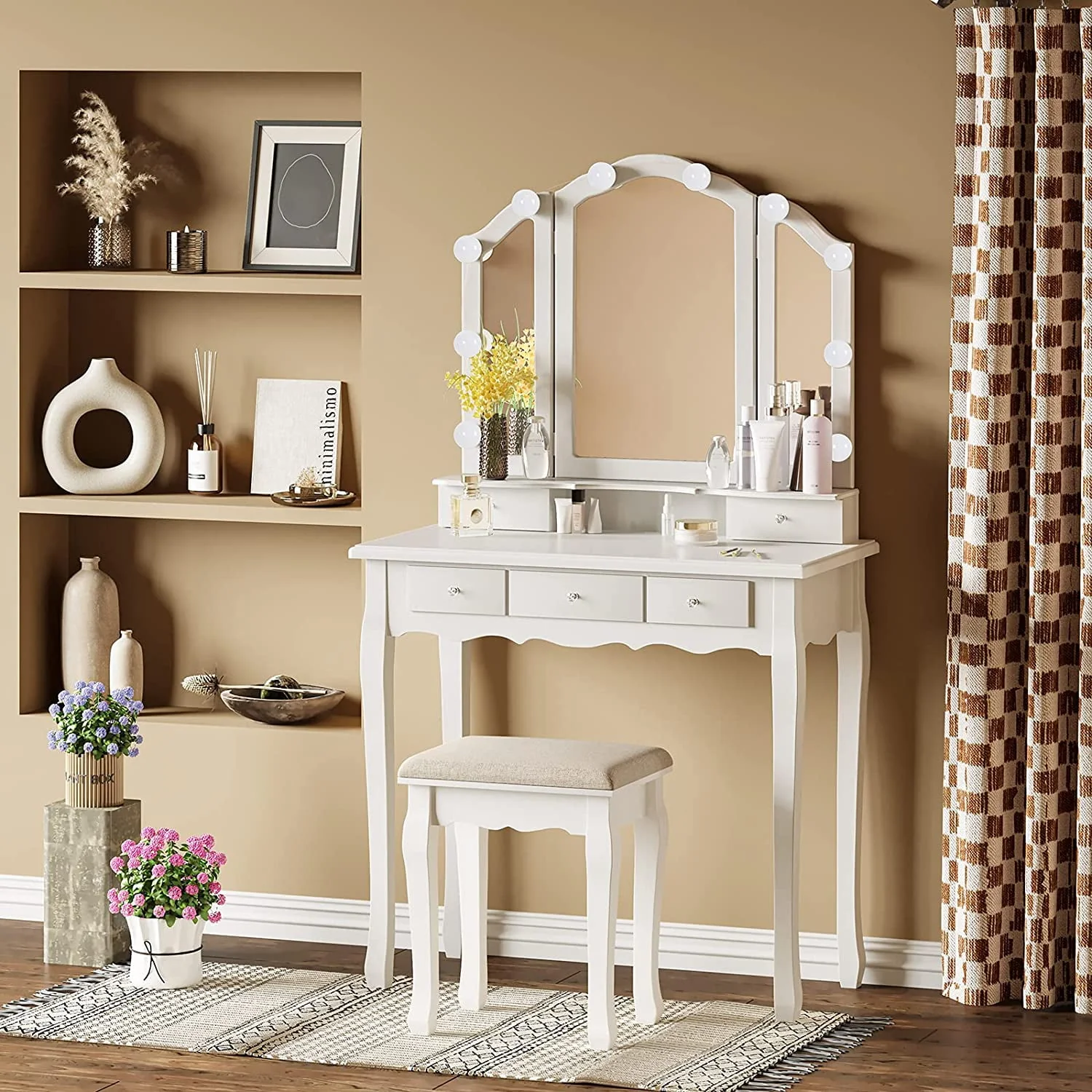 Lowest Prices - Makeup Vanity Set Desk Table with with Lights & Tri-Folding Mirror,Dressing Table with Cushion Stool & 5 Drawers, White