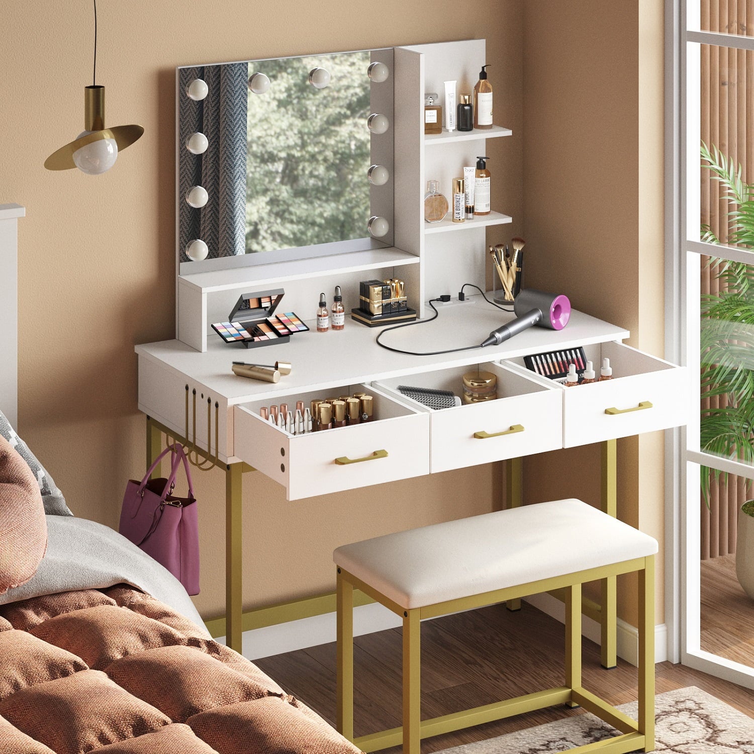 Lowest Prices - Bestier Vanity Set with Lighted Mirror & Power Outlet, Makeup Table with Drawers & Cushioned Stool for Bedroom in White