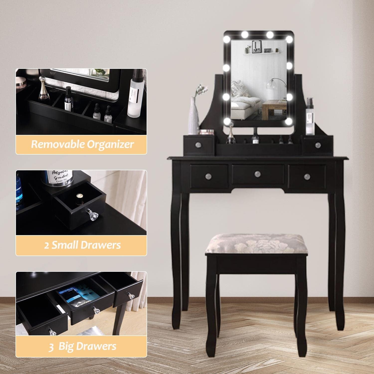 Lowest Prices - VEANERWOOD Makeup Vanity Table with 10 Led Lights, Lighted Mirror Vanity Desk with Cushioned Stool Set, 5 Drawers and 2 Shelves, Bedroom Dressing Vanity, Luxurious, Black