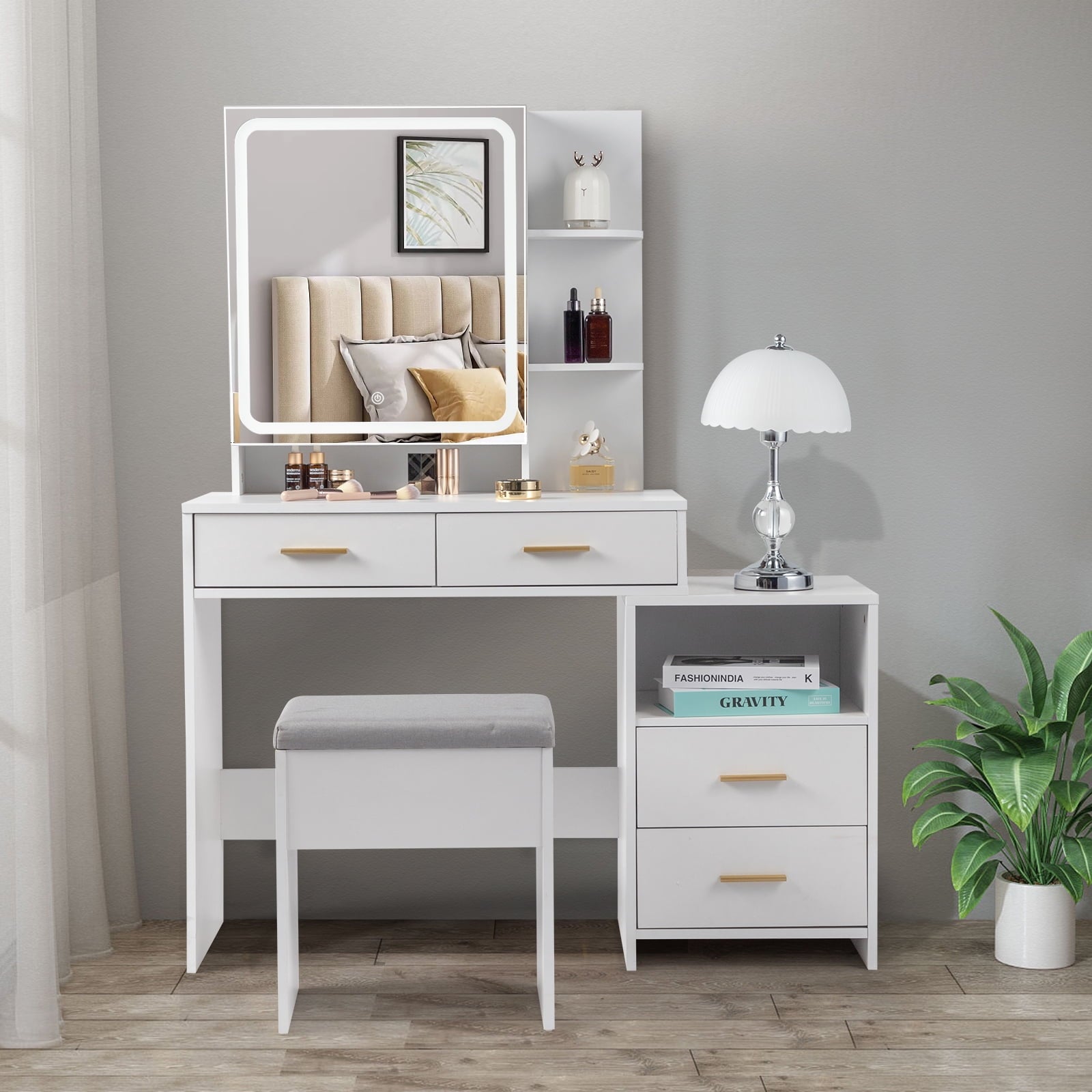 Lowest Prices - Ktaxon 3 Color Lighted Vanity Table with Sliding Mirror Vanity Set with Storage Drawers Hidden Shelves Cushion Stool White