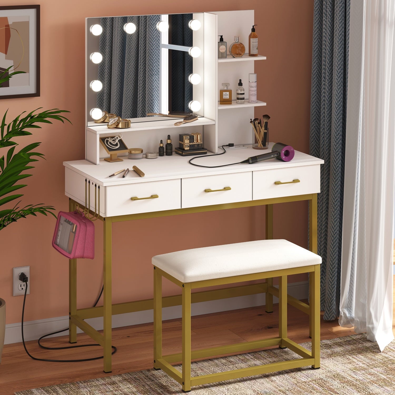 Lowest Prices - Bestier Vanity Set with Lighted Mirror & Power Outlet, Makeup Table with Drawers & Cushioned Stool for Bedroom in White