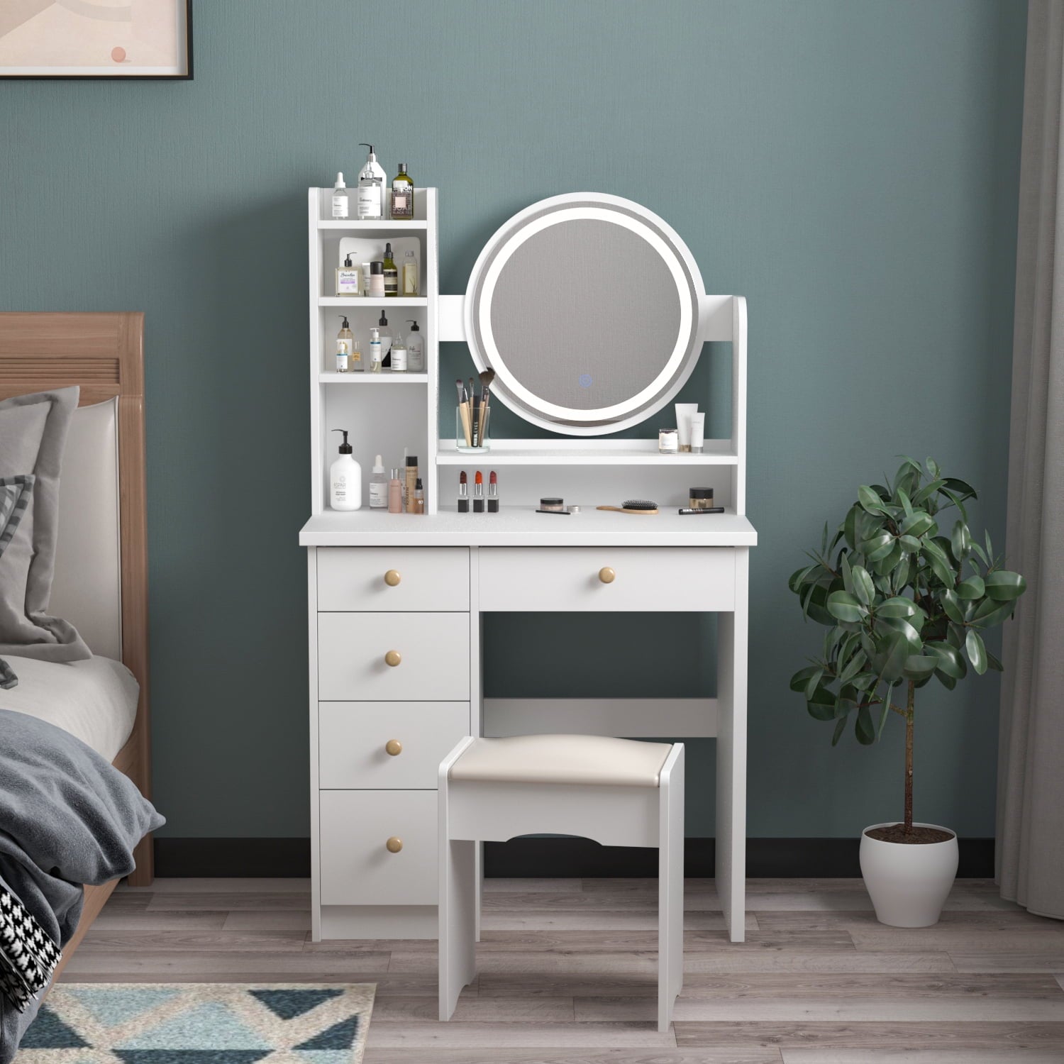 Lowest Prices - Makeup Vanity Dressing Table with 5 Drawers and Shelves, Vanity Set with Lighted Round Mirror, White Dresser Desk and Cushioned Stool Set