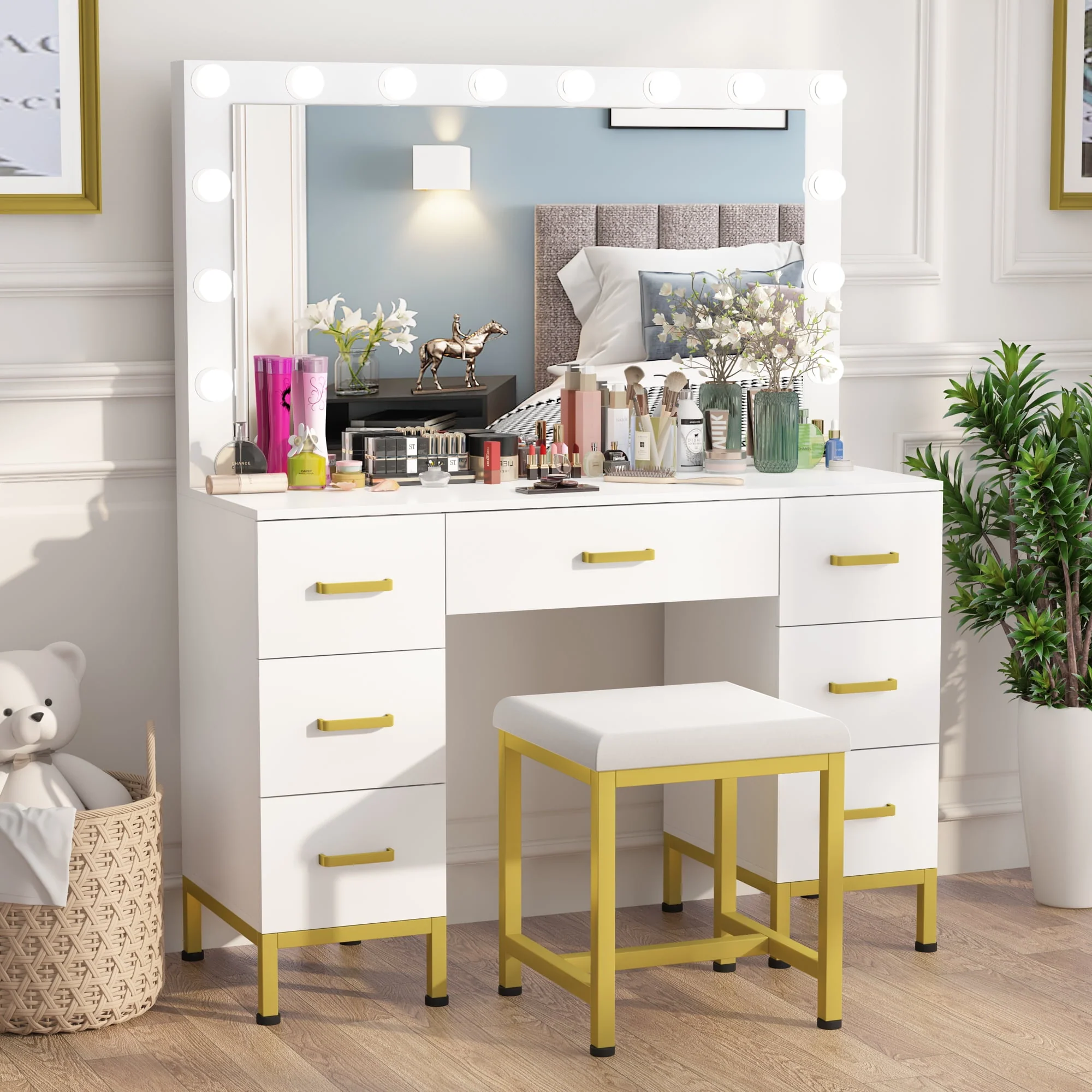 Lowest Prices - PAKASEPT Vanity Set with Lighted Mirror, Makeup Vanity Dressing Table with 14PCS LED Bulbs, Cushioned Stool & 7 Drawers, Large 44