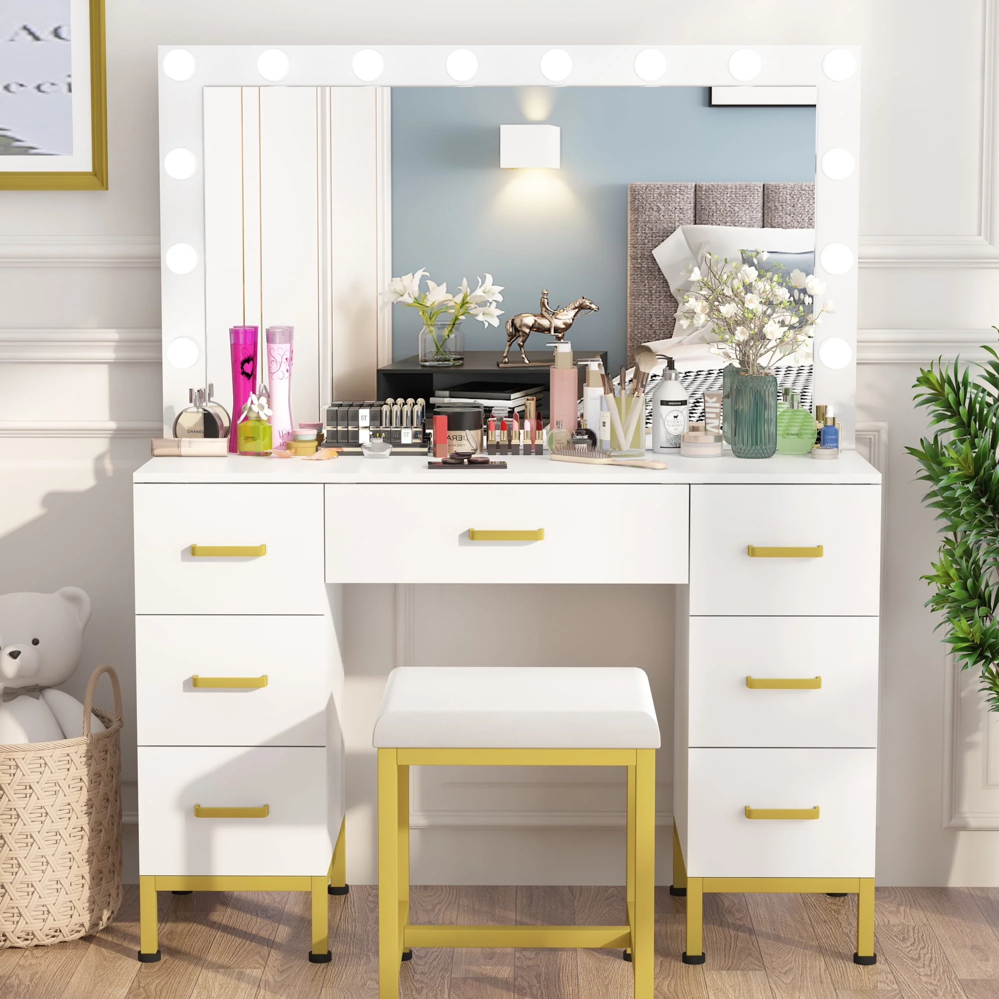 Lowest Prices - PAKASEPT Vanity Set with Lighted Mirror, Makeup Vanity Dressing Table with 14PCS LED Bulbs, Cushioned Stool & 7 Drawers, Large 44