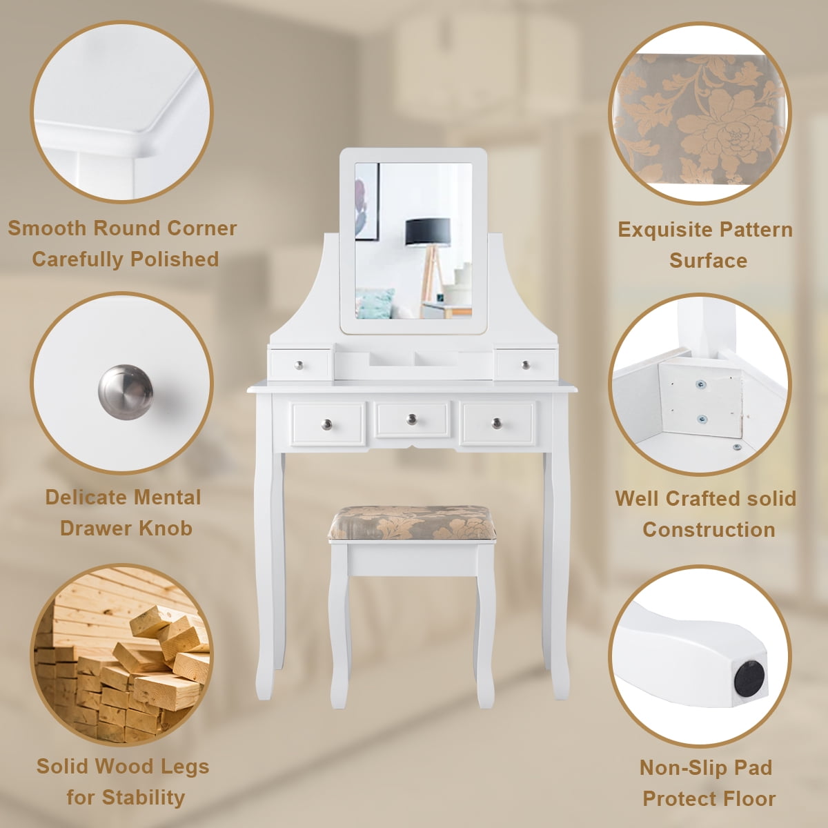 Lowest Prices - Gymax Vanity Set Makeup Dressing Table & Stool w/5 Drawers White