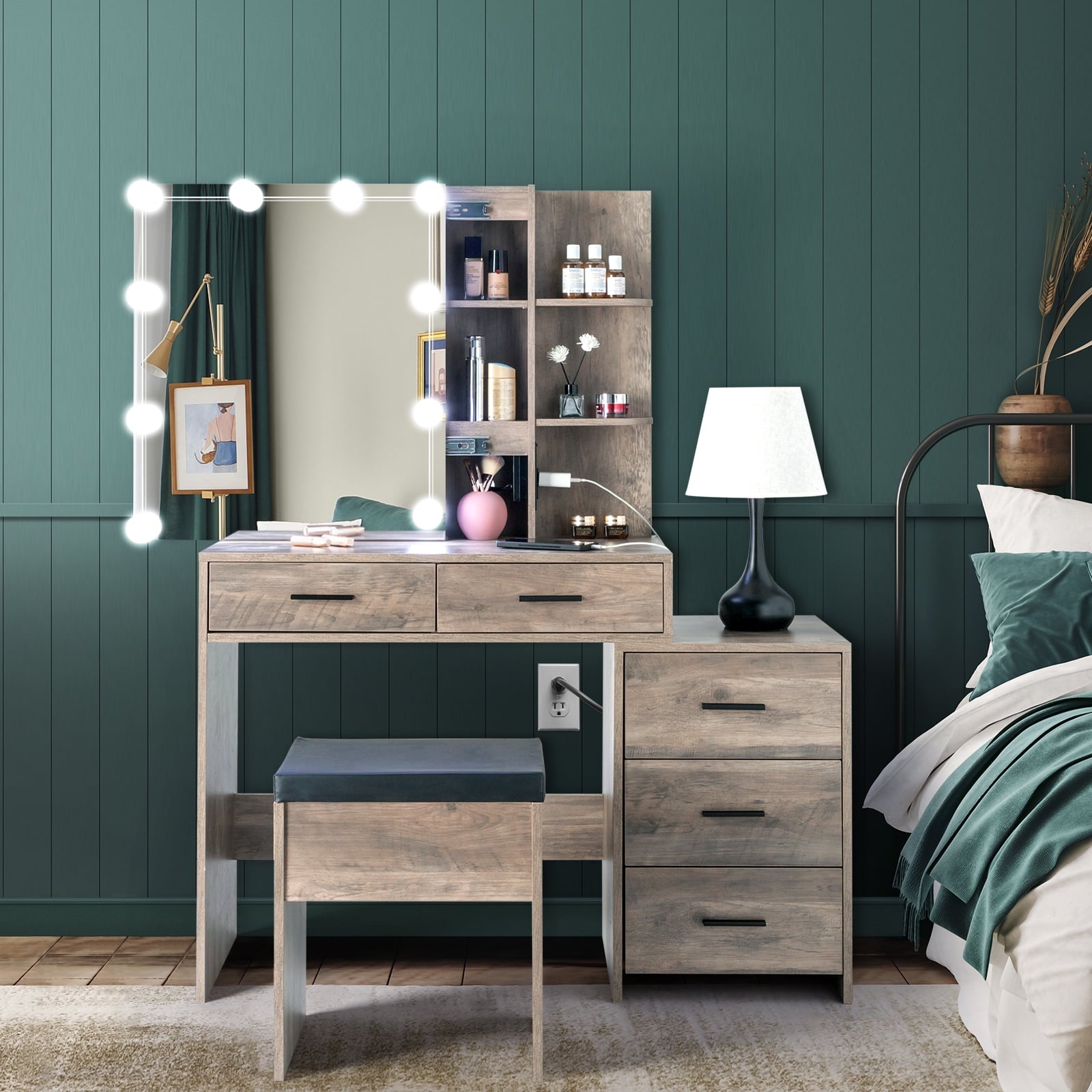 Lowest Prices - Ktaxon Vanity Set with 3 Color Lighted Mirror & Charging Station, Makeup Table with 3 Storage Shelves & Drawers, Dressing Table Makeup Desk with Stool,Retro Gray