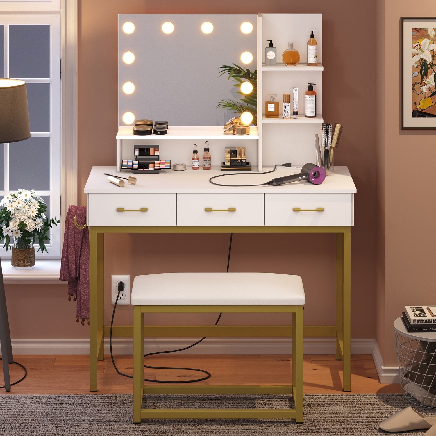 Lowest Prices - Bestier Vanity Set with Lighted Mirror & Power Outlet, Makeup Table with Drawers & Cushioned Stool for Bedroom in White