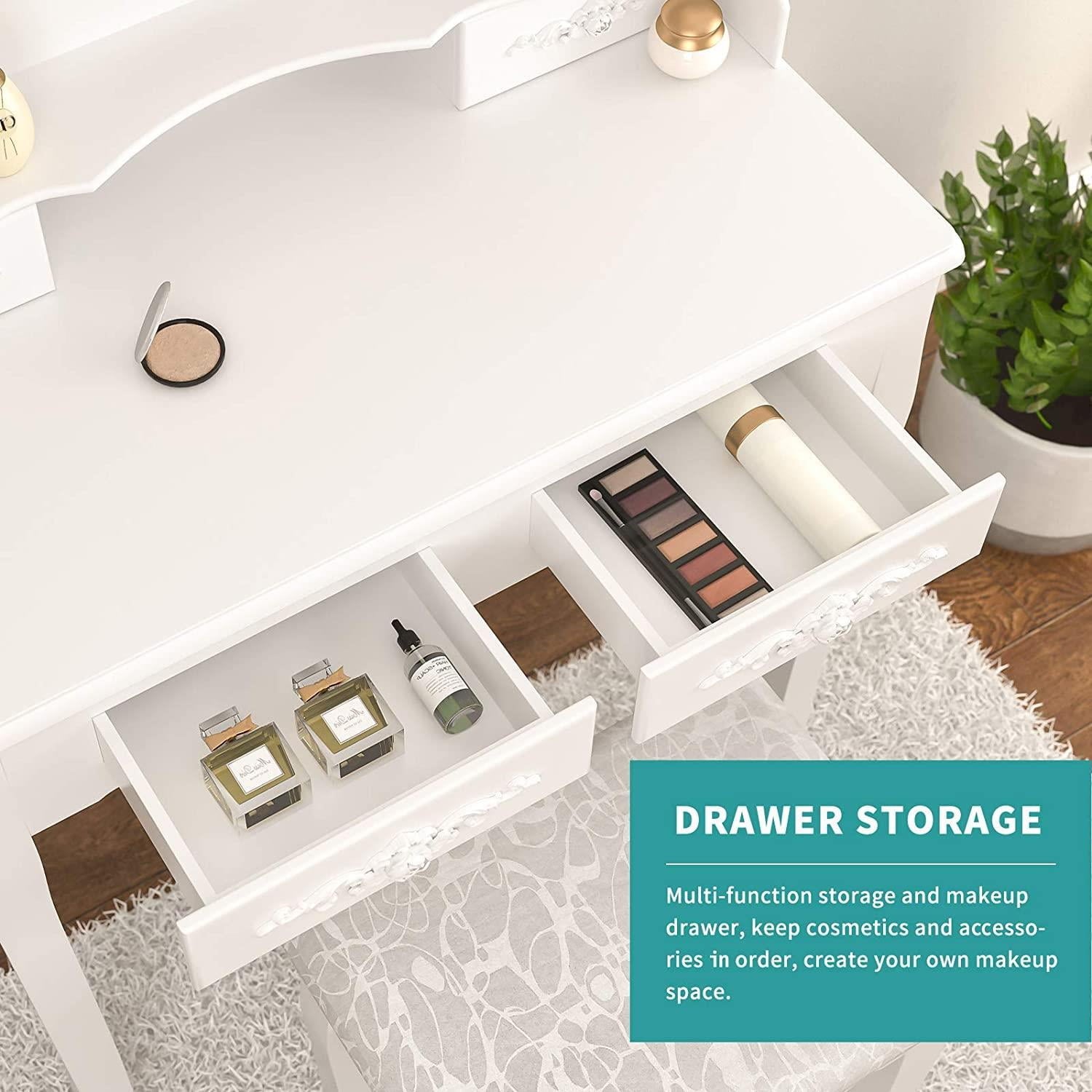 Lowest Prices - Ktaxon Elegance White Dressing Table Vanity Table and Stool Set Wood Makeup Desk with 4 Drawers & Mirror