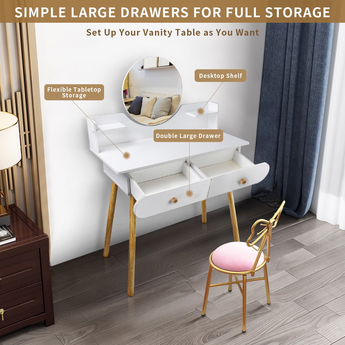 Lowest Prices - Modern Vanity Table Makeup Desk, 2 Drawers and 4 Shelves for Bedroom White(Without Stool and LED)