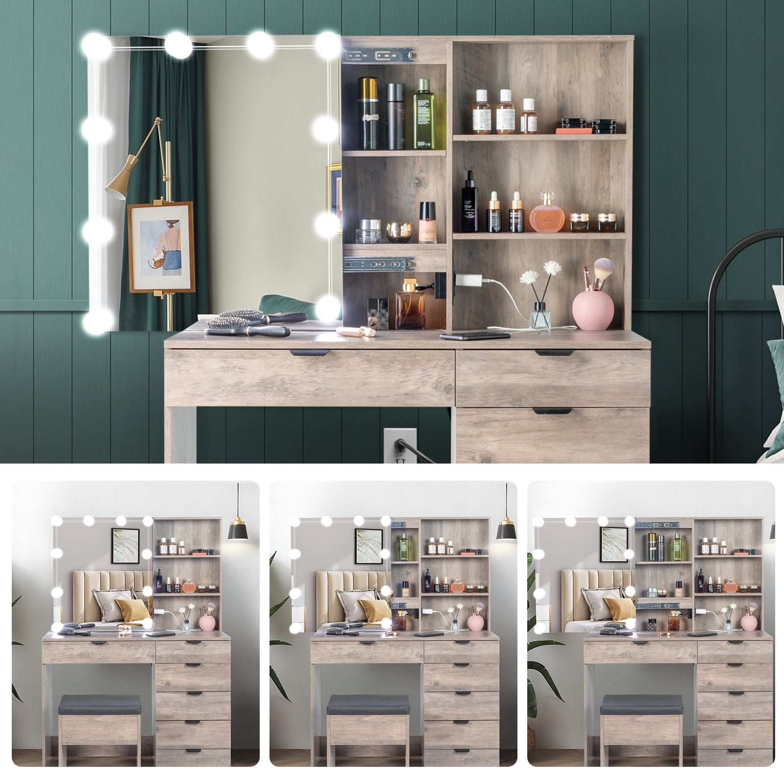 Lowest Prices - Ktaxon Vanity Set with 3 Color Lighted Mirror & Charging Station, Makeup Table with 6 Drawers, Dressing Table Makeup Desk with Stool,Retro Gray