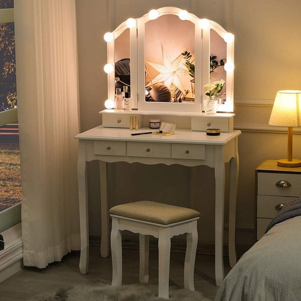 Lowest Prices - Tiptiper Vanity Table Set with Lighted Tri-Fold Mirror and Stool, Makeup Vanity Dressing Desk 5 Drawers, White