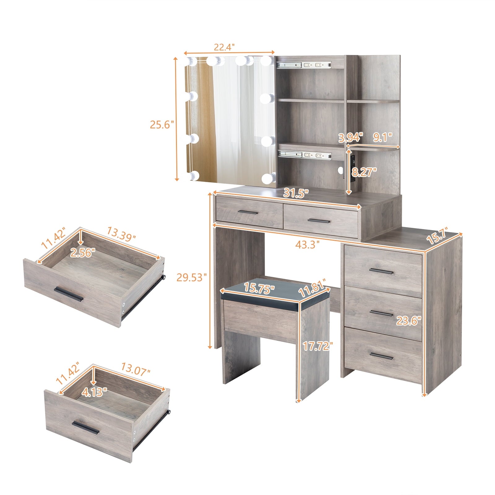 Lowest Prices - Ktaxon Lighted Vanity Makeup Table Set with Charging Station, Sliding Mirror with Cushioned Stool