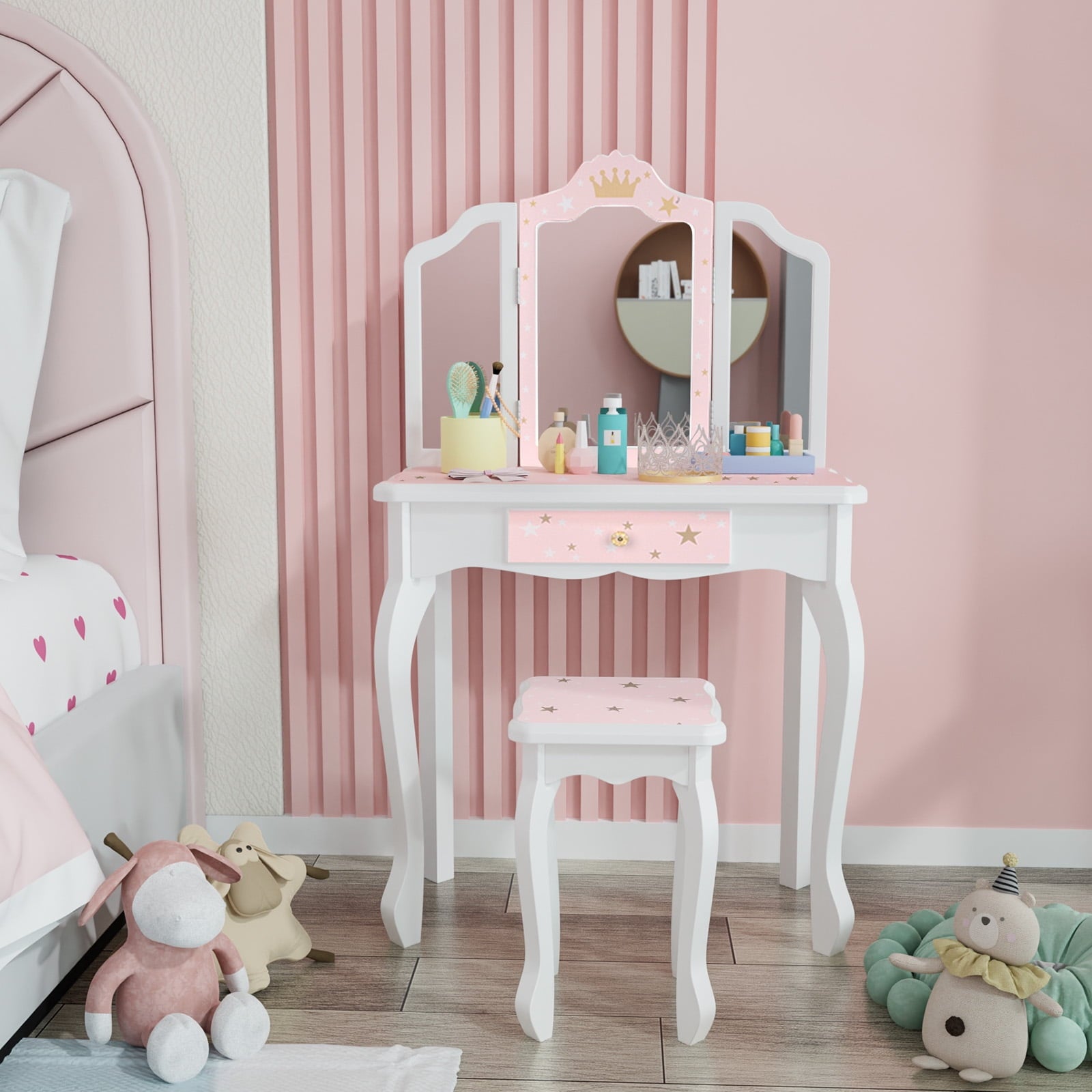 Lowest Prices - JOYMOR Kids Vanity Table and Stool for Makeup Dressing with Mirrors Drawers, White