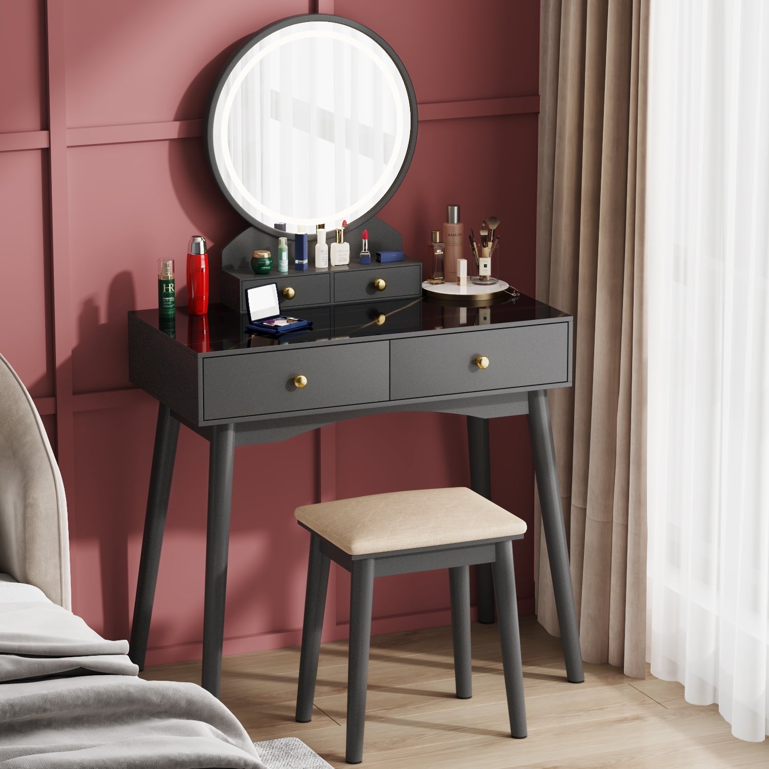Lowest Prices - Furmax Vanity Table with Lighted Mirror, Vanity Desk with Stool, Dressing Table with 4 Drawers, Makeup Vanity Set, Black Finish, for Bedroom