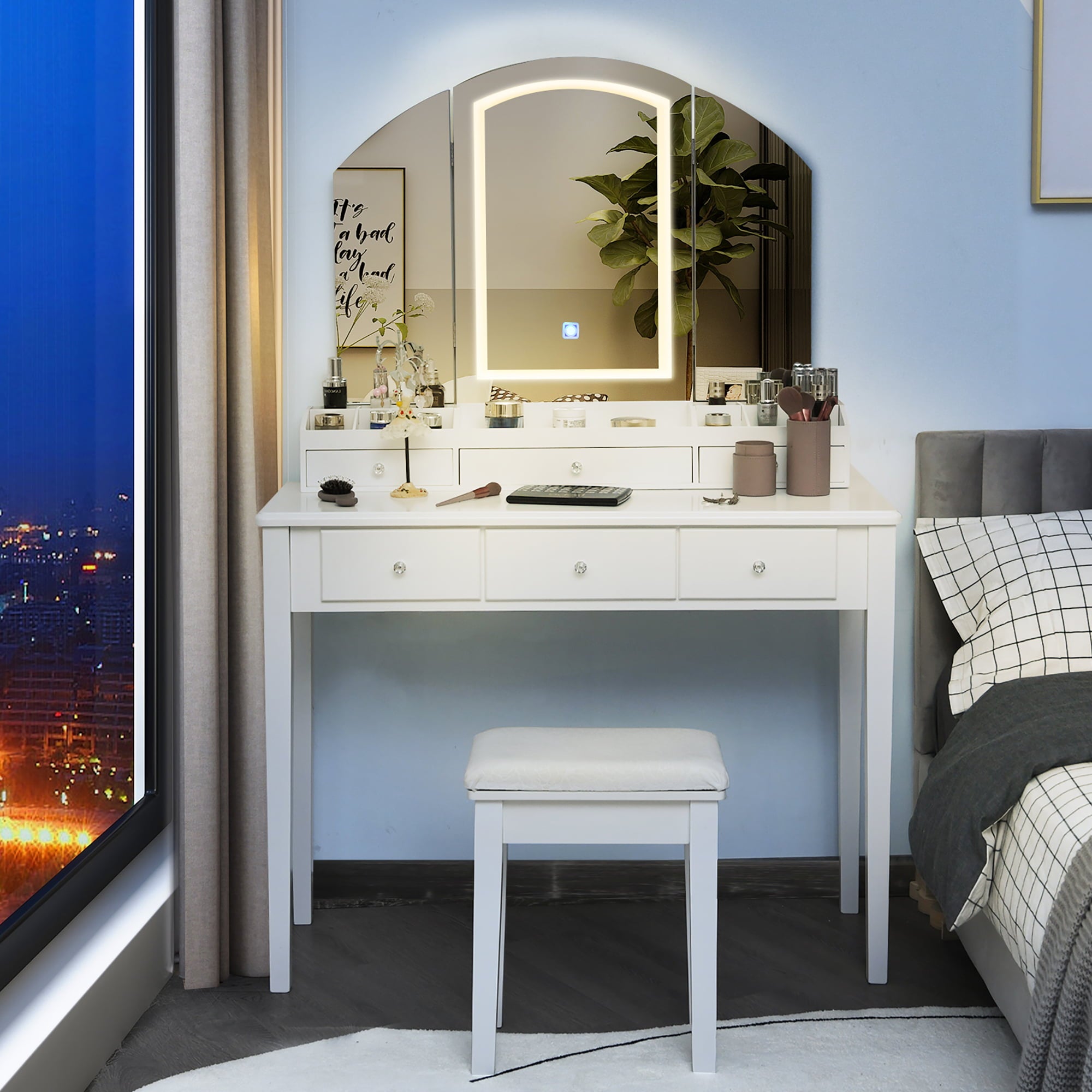 Lowest Prices - Costway Vanity Table Stool Set Large Tri-folding Lighted Mirror 6 Drawer Dresser White
