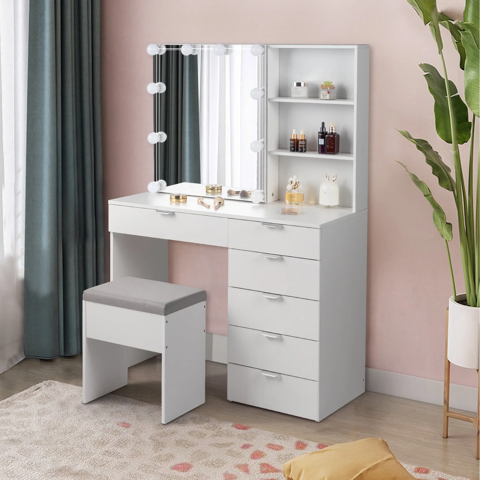 Lowest Prices - Ktaxon Vanity Set with 3 Color Lighted Mirror, Makeup Table with 6 Drawers, Dressing Table Makeup Desk with Stool,White