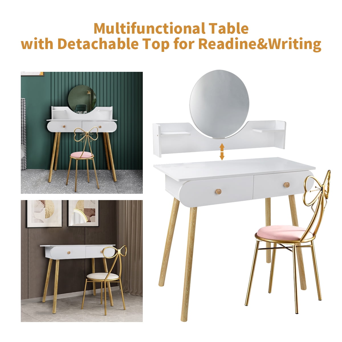 Lowest Prices - Modern Vanity Table Makeup Desk, 2 Drawers and 4 Shelves for Bedroom White(Without Stool and LED)