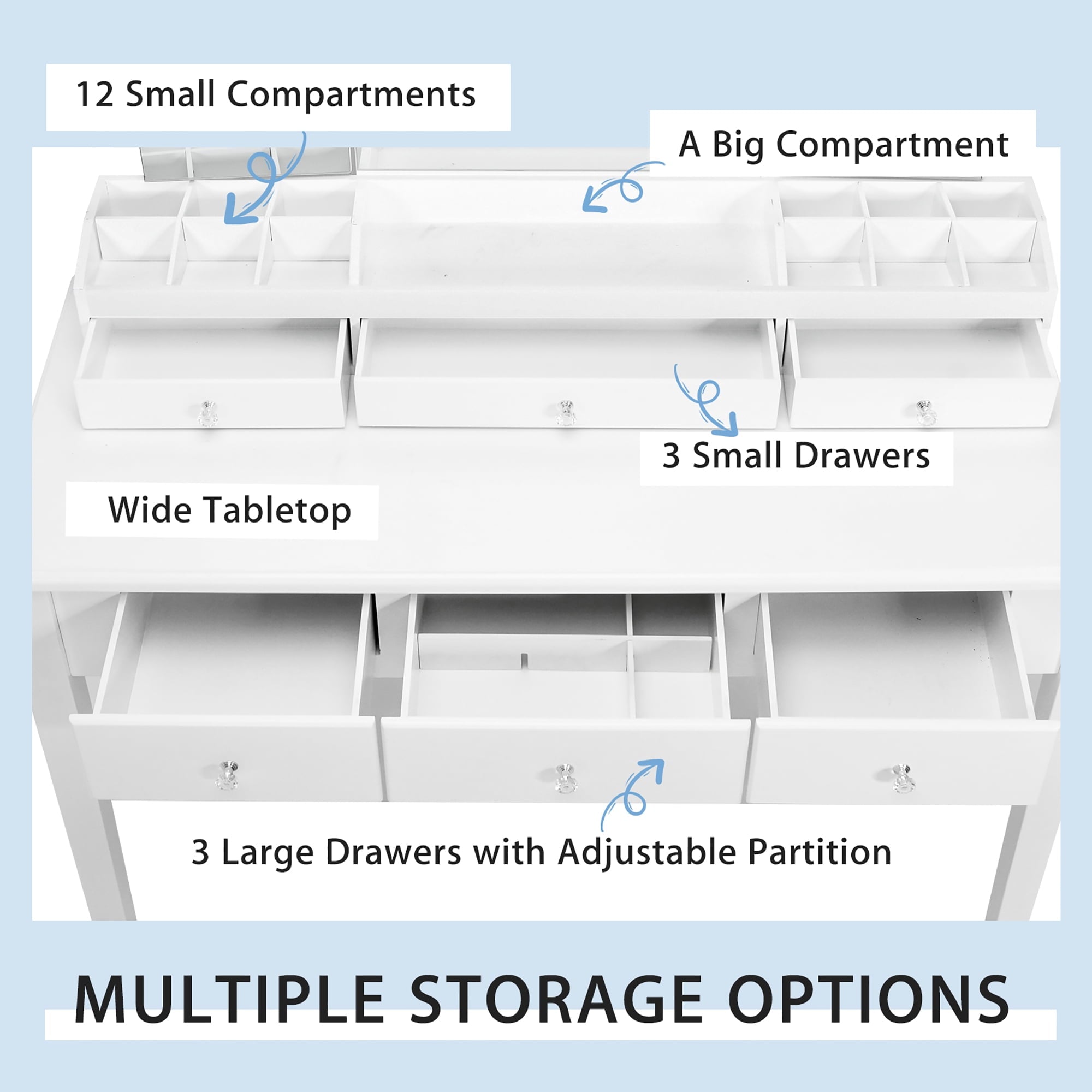 Lowest Prices - Costway Vanity Table Stool Set Large Tri-folding Lighted Mirror 6 Drawer Dresser White