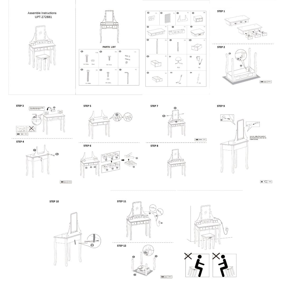 Lowest Prices - 32 Inch 2 Piece Vanity Desk Set with LED Lights, 5 Drawers, Cushioned Stool, White Solid Wood-Saltoro Sherpi