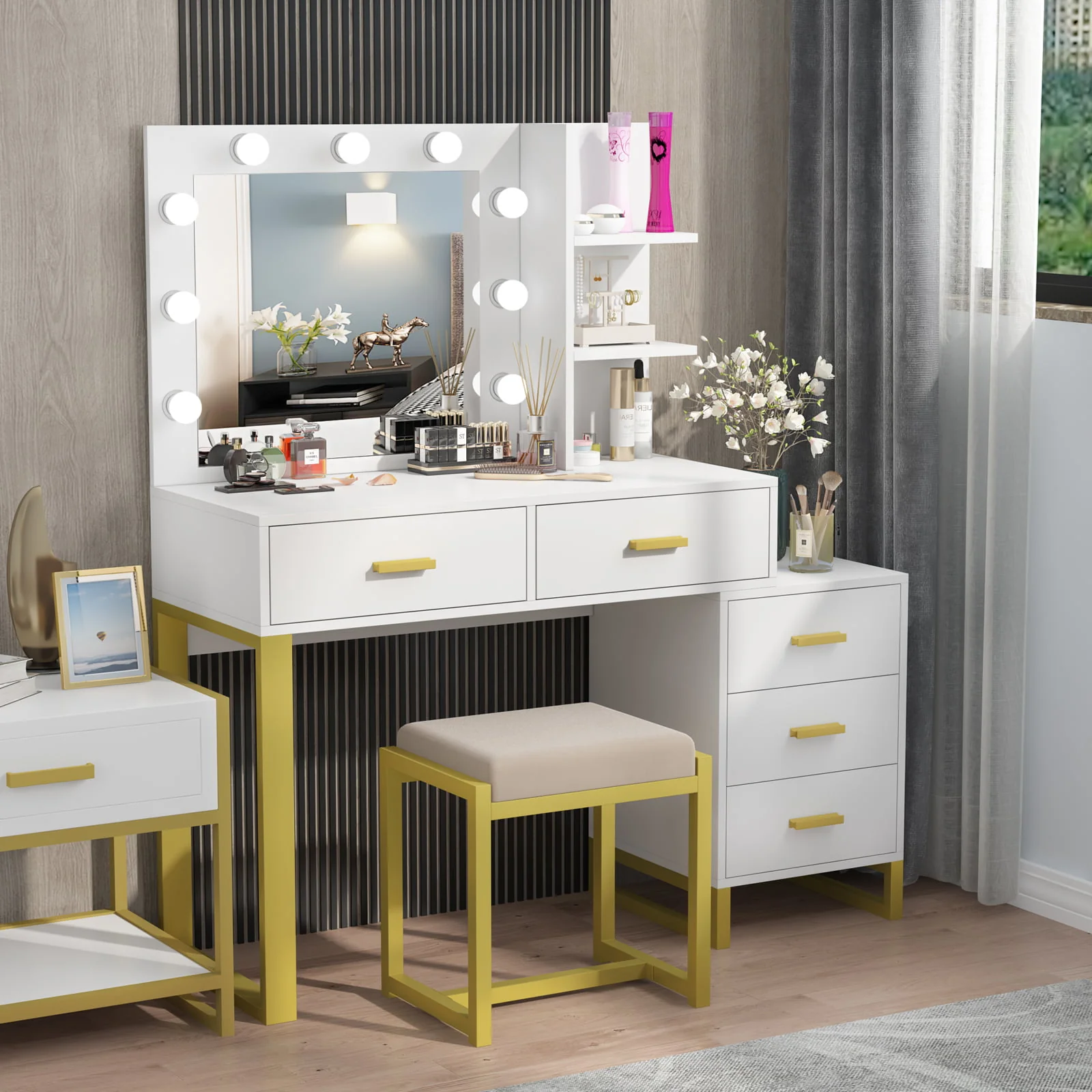 Lowest Prices - PAKASEPT Vanity Set with Lighted Mirror, Large Vanity Desk Makeup Vanity Dressing Table with 9 LED Lights, 5 Drawers, Storage Shelves&Cushioned Stool for Bedroom