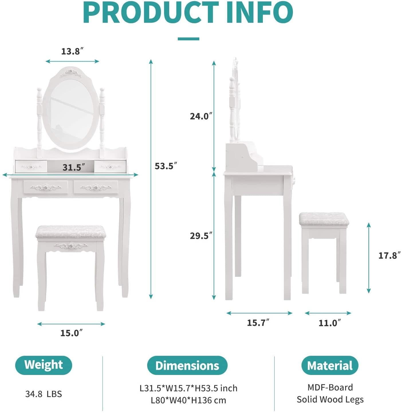 Lowest Prices - Ktaxon Elegance White Dressing Table Vanity Table and Stool Set Wood Makeup Desk with 4 Drawers & Mirror