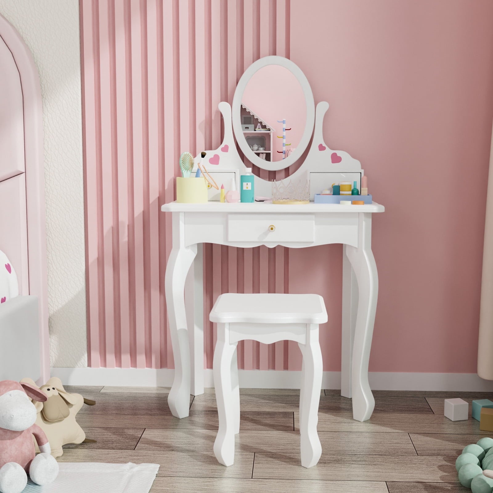 Lowest Prices - JOYMOR Kids Vanity Table and Stool for Makeup Dressing with Mirrors Drawers, White