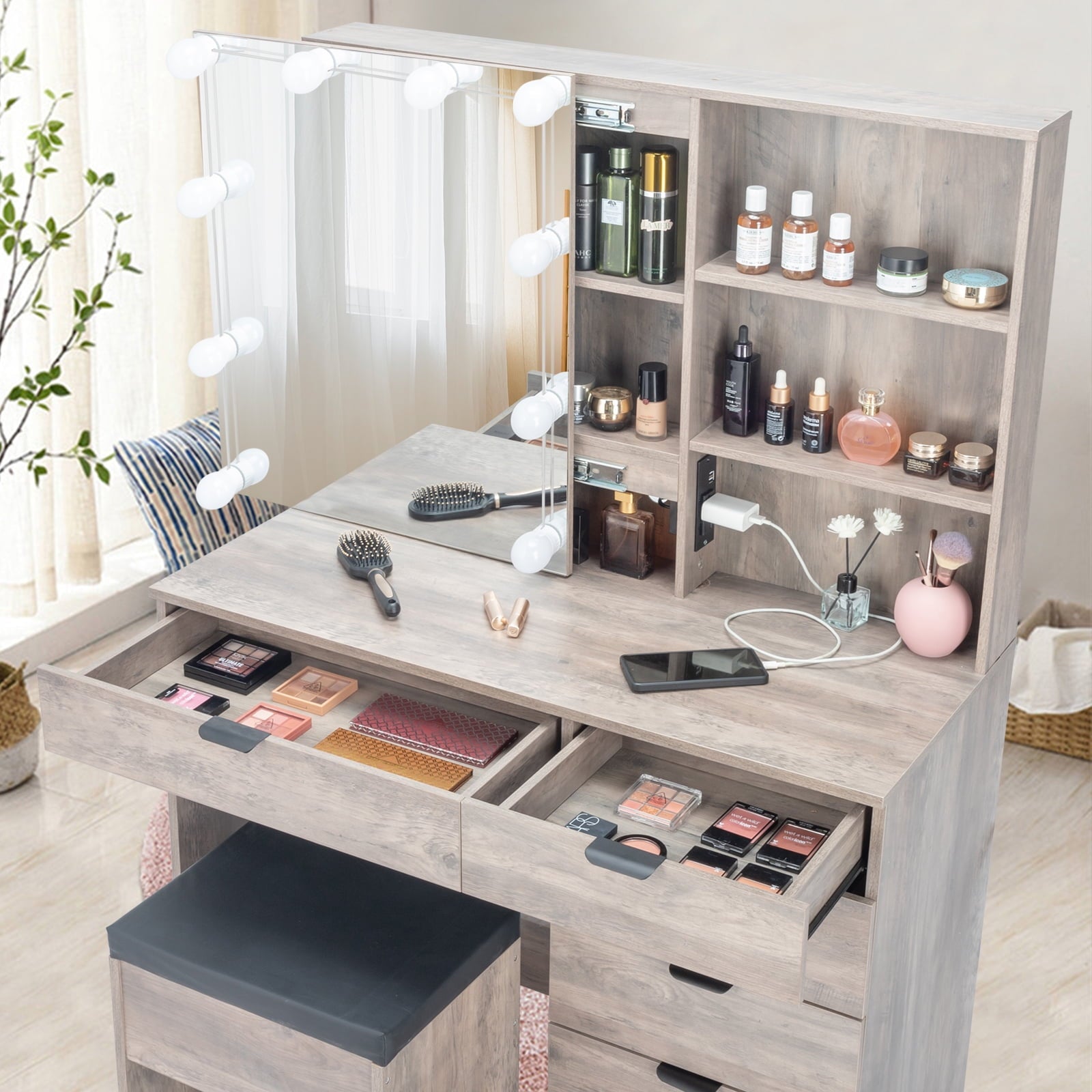 Lowest Prices - Ktaxon Vanity Set with 3 Color Lighted Mirror & Charging Station, Makeup Table with 6 Drawers, Dressing Table Makeup Desk with Stool,Retro Gray