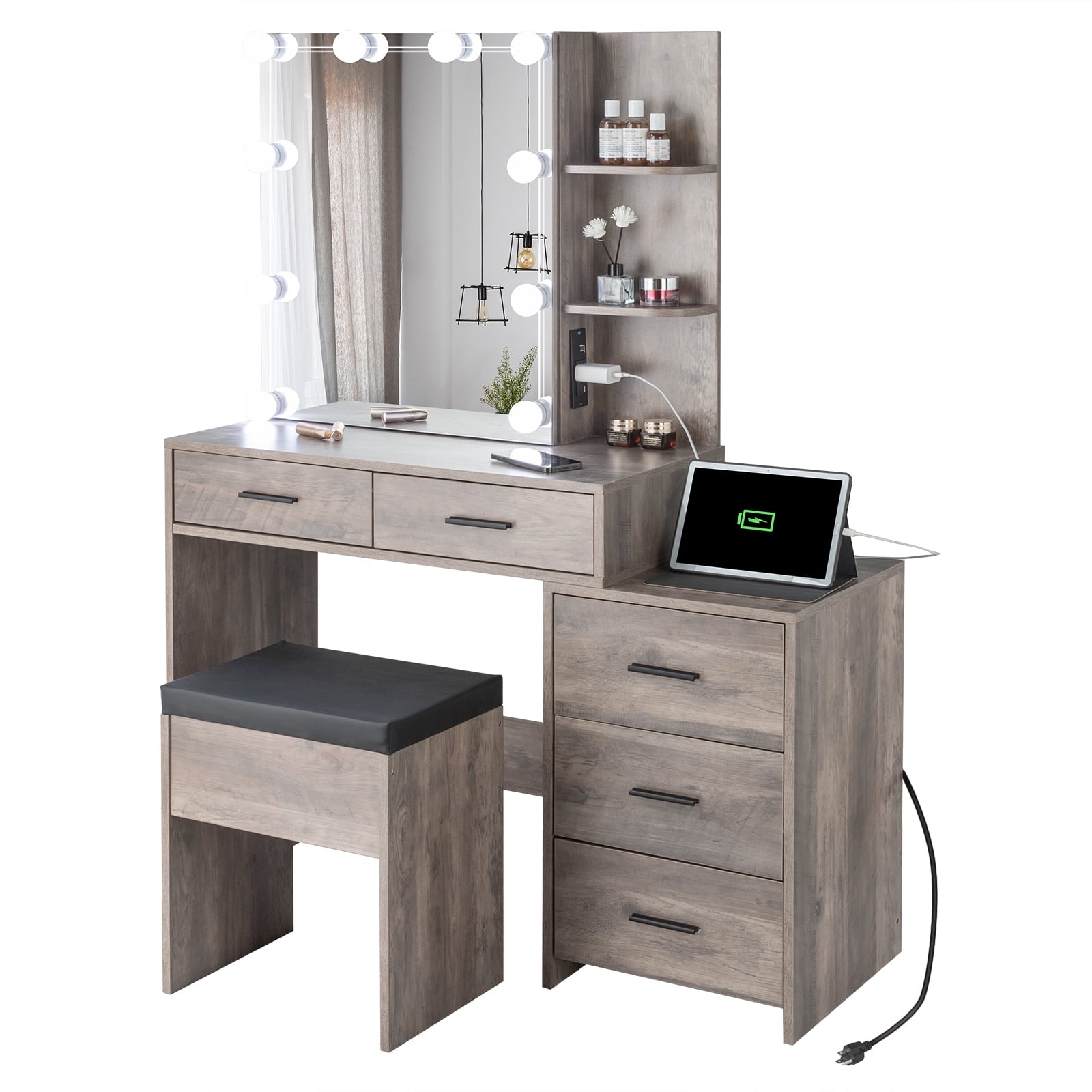 Lowest Prices - Ktaxon Lighted Vanity Makeup Table Set with Charging Station, Sliding Mirror with Cushioned Stool