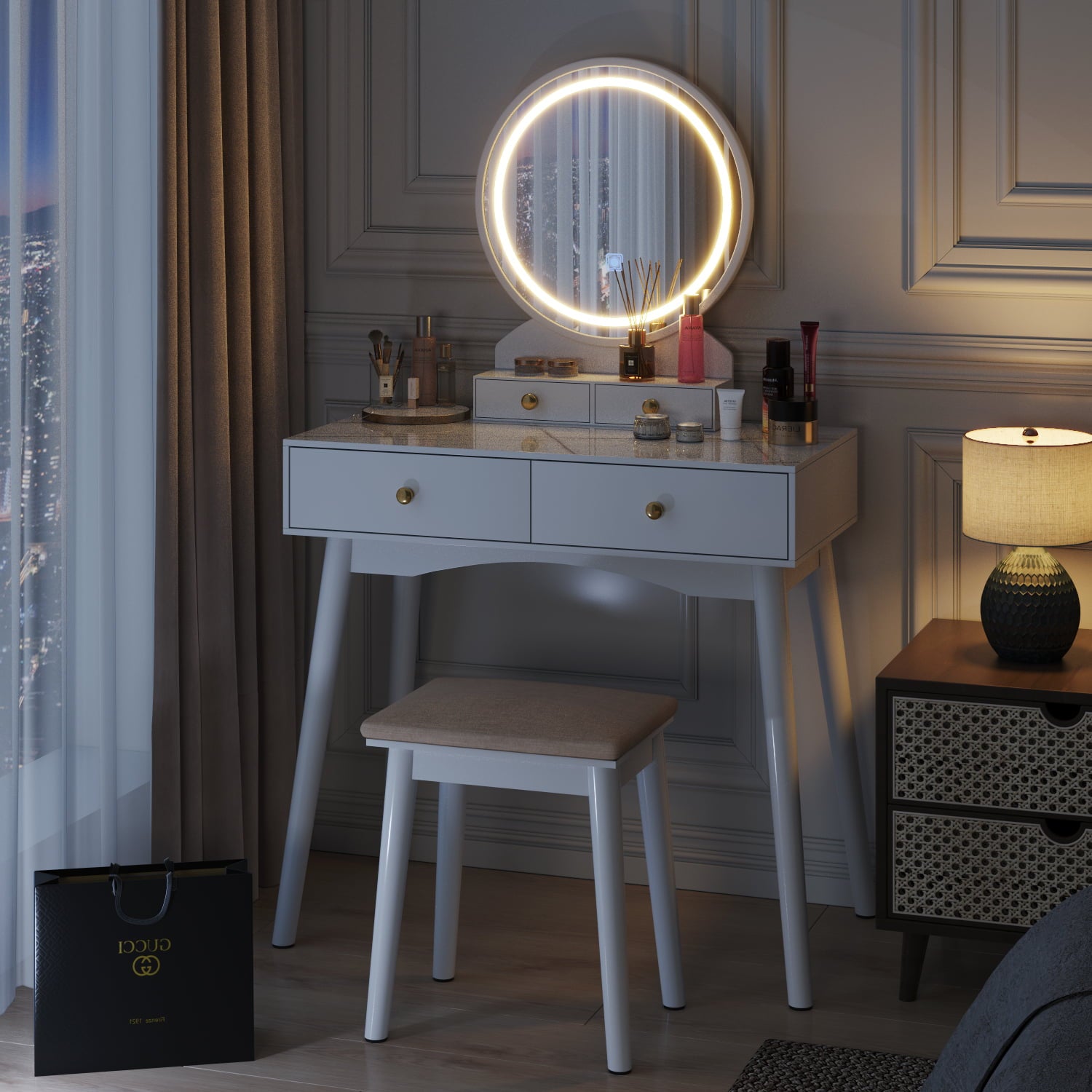 Lowest Prices - Furmax Vanity Table with Lighted Mirror, Vanity Desk with Stool, Dressing Table with 4 Drawers, Makeup Vanity Set, White Finish, for Bedroom