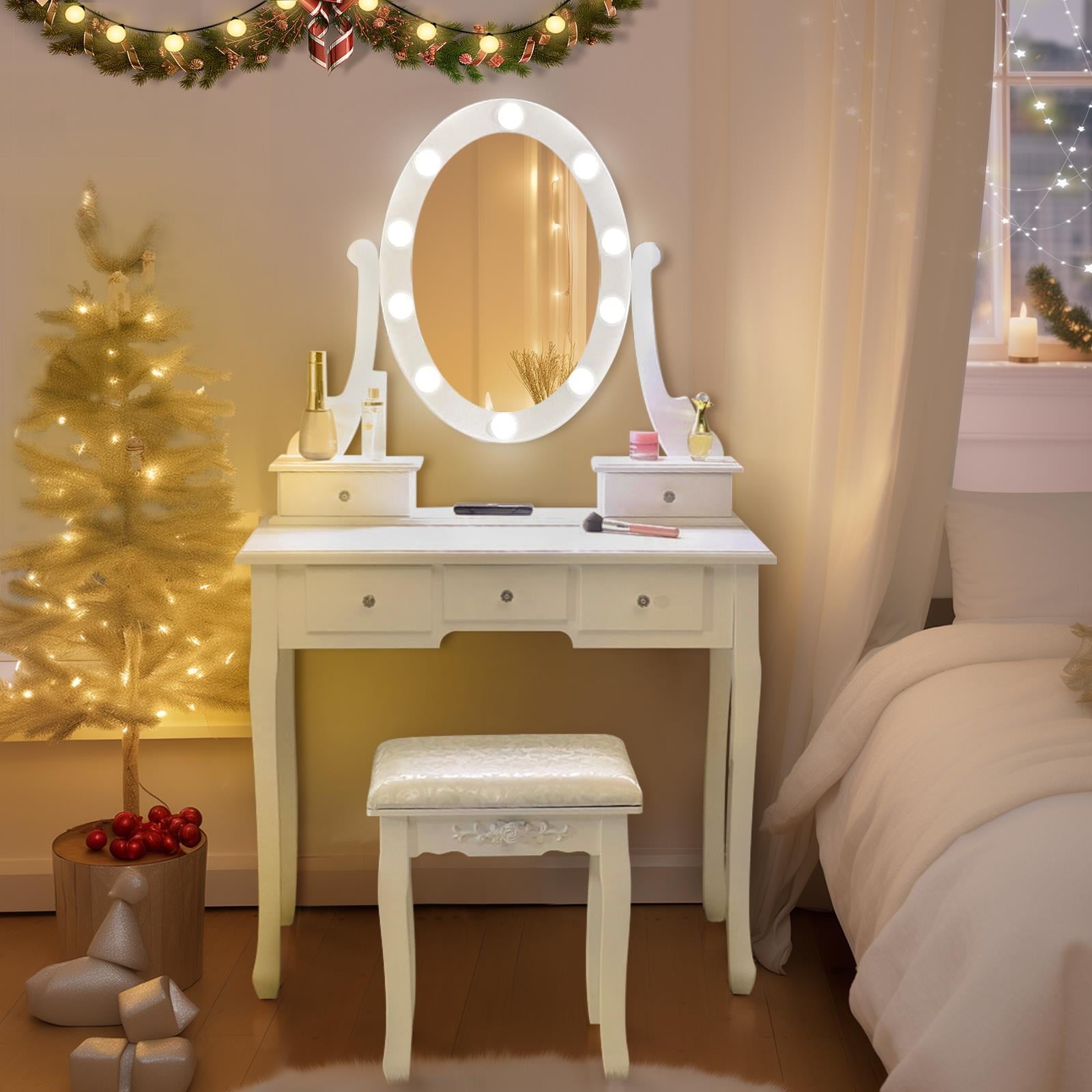 Lowest Prices - Ktaxon Vanity Table 10 LED Lights, 5 Drawers Makeup Dressing Desk with Cushioned Stool Set,Bedroom Vanities Set White