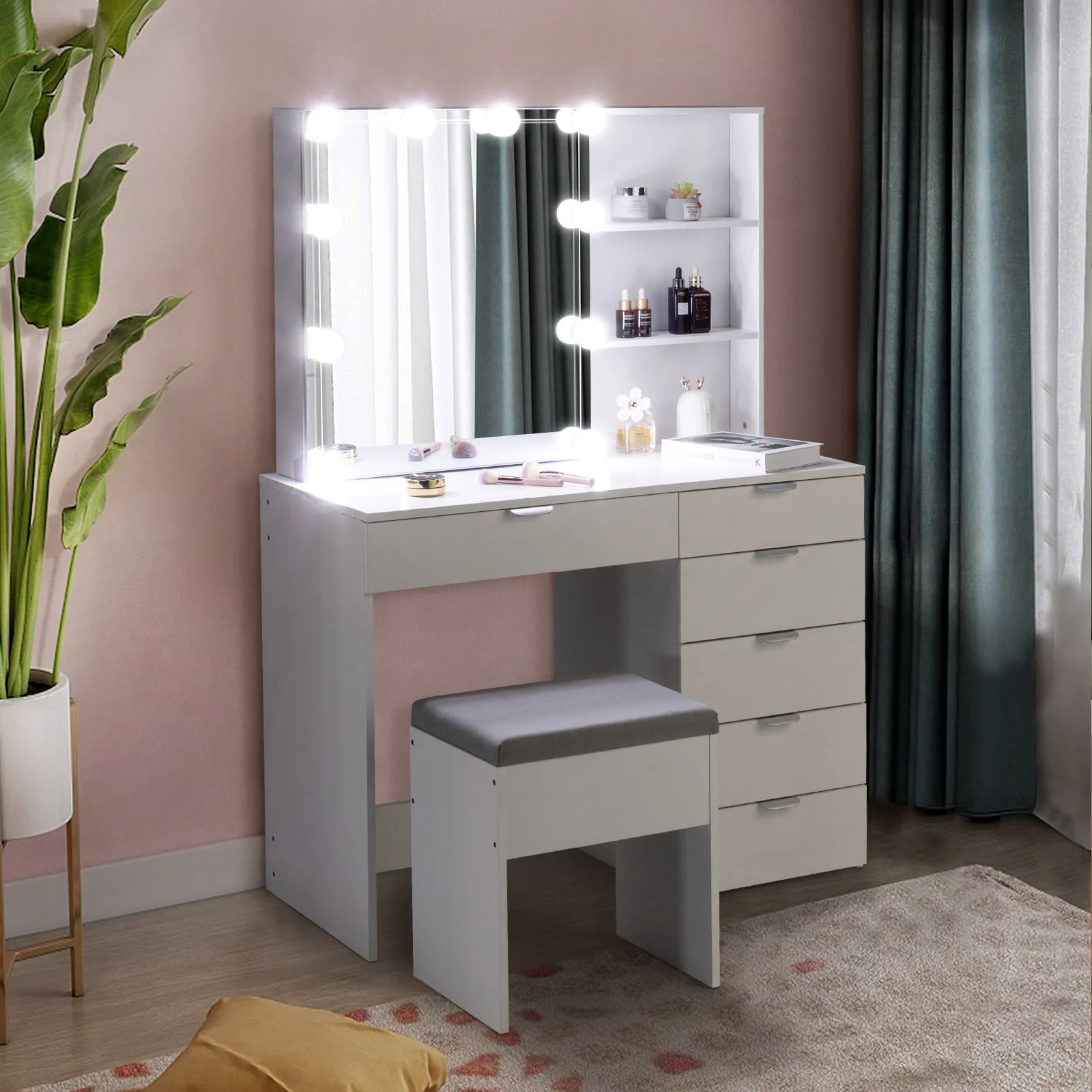 Lowest Prices - Ktaxon Vanity Set with 3 Color Lighted Mirror, Makeup Table with 6 Drawers, Dressing Table Makeup Desk with Stool,White