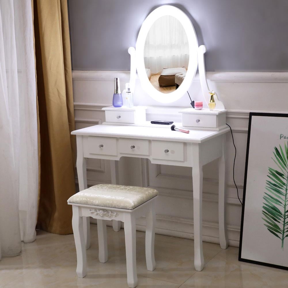 Lowest Prices - Ktaxon Vanity Table 10 LED Lights, 5 Drawers Makeup Dressing Desk with Cushioned Stool Set,Bedroom Vanities Set White