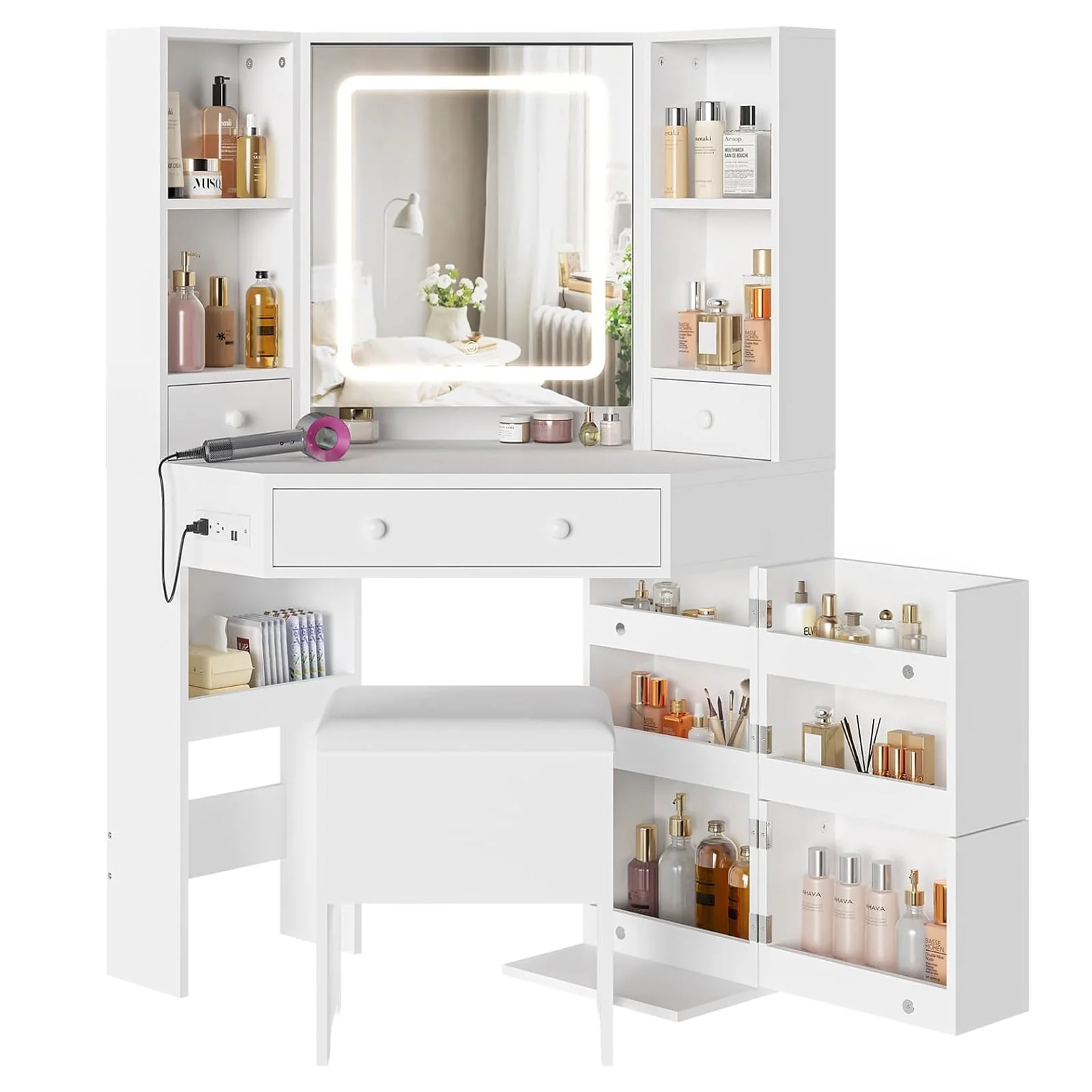 Lowest Prices - Black Vanity Set with Lights & Charging Station & Cushioned Stool, Modern Makeup Vanity Desk Table with Visible Drawers and Open Storage Shelves for Women Girls