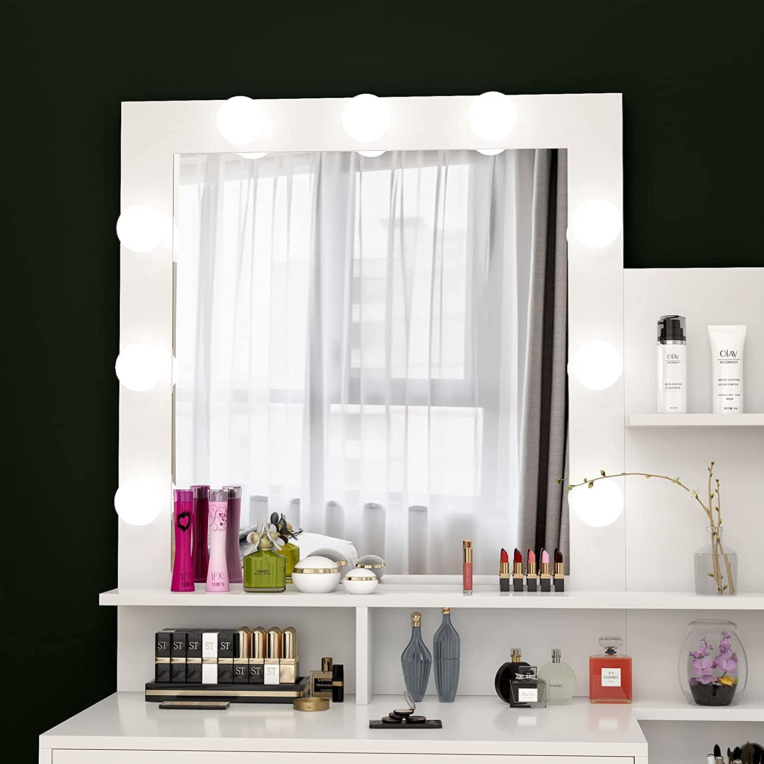 Lowest Prices - Pakasept Vanity Set with Lighted Mirror, Makeup Vanity Dressing Table with LED Light, Drawers, Storage Shelves and Cushioned Stool, Small Vanity Desk for Bedroom