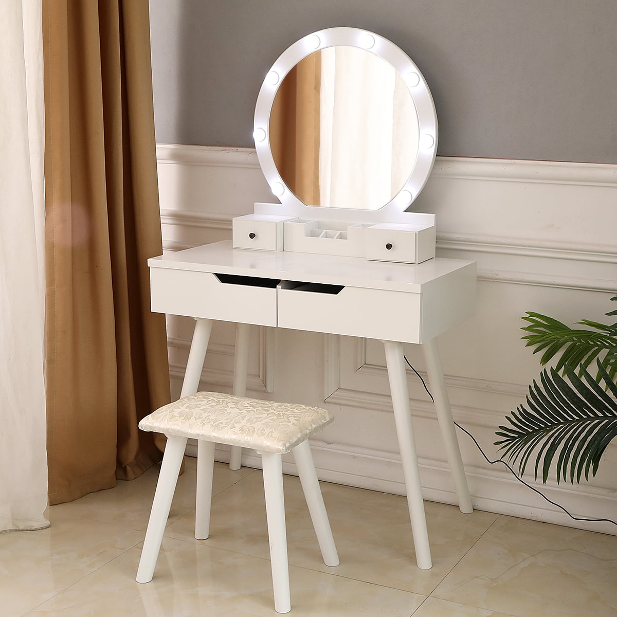 Lowest Prices - Ktaxon Vanity Set with Round Lighted Mirror, Makeup Dressing Table with 8 Light Bulbs & Cushioned Stool Set,Bedroom Vanities Set White