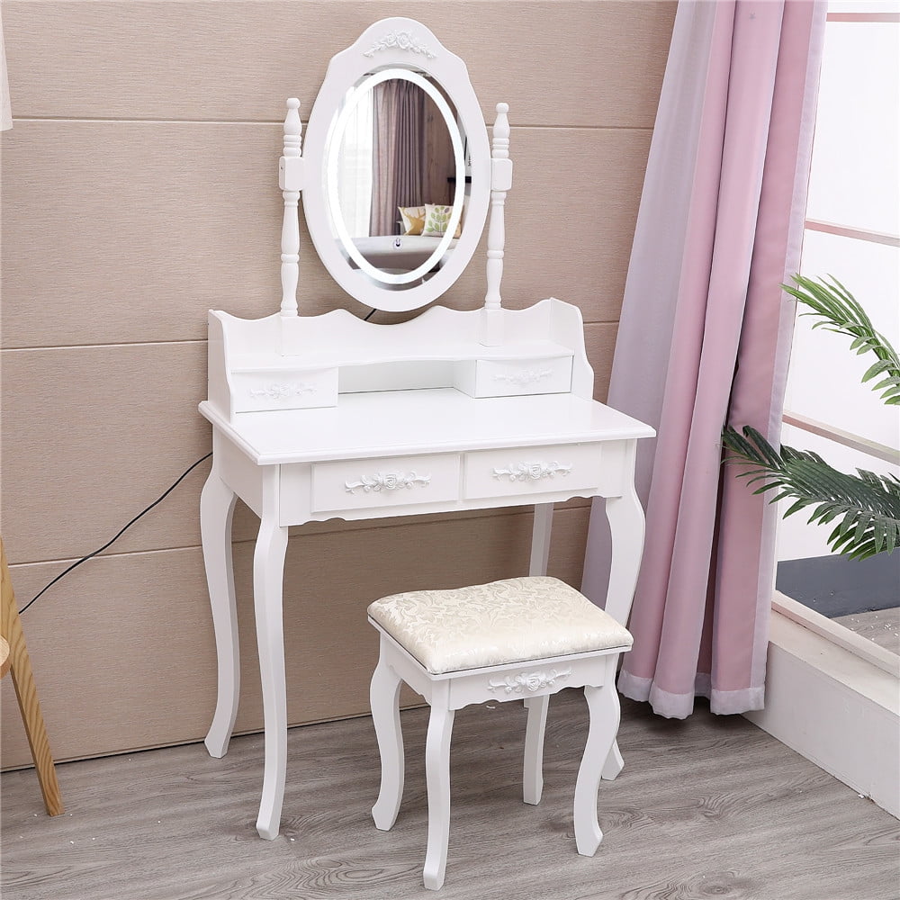 Lowest Prices - Ktaxon Elegance White Dressing Table Vanity Table and Stool Set Wood Makeup Desk with 4 Drawers & Lighted LED Touch Screen Mirror